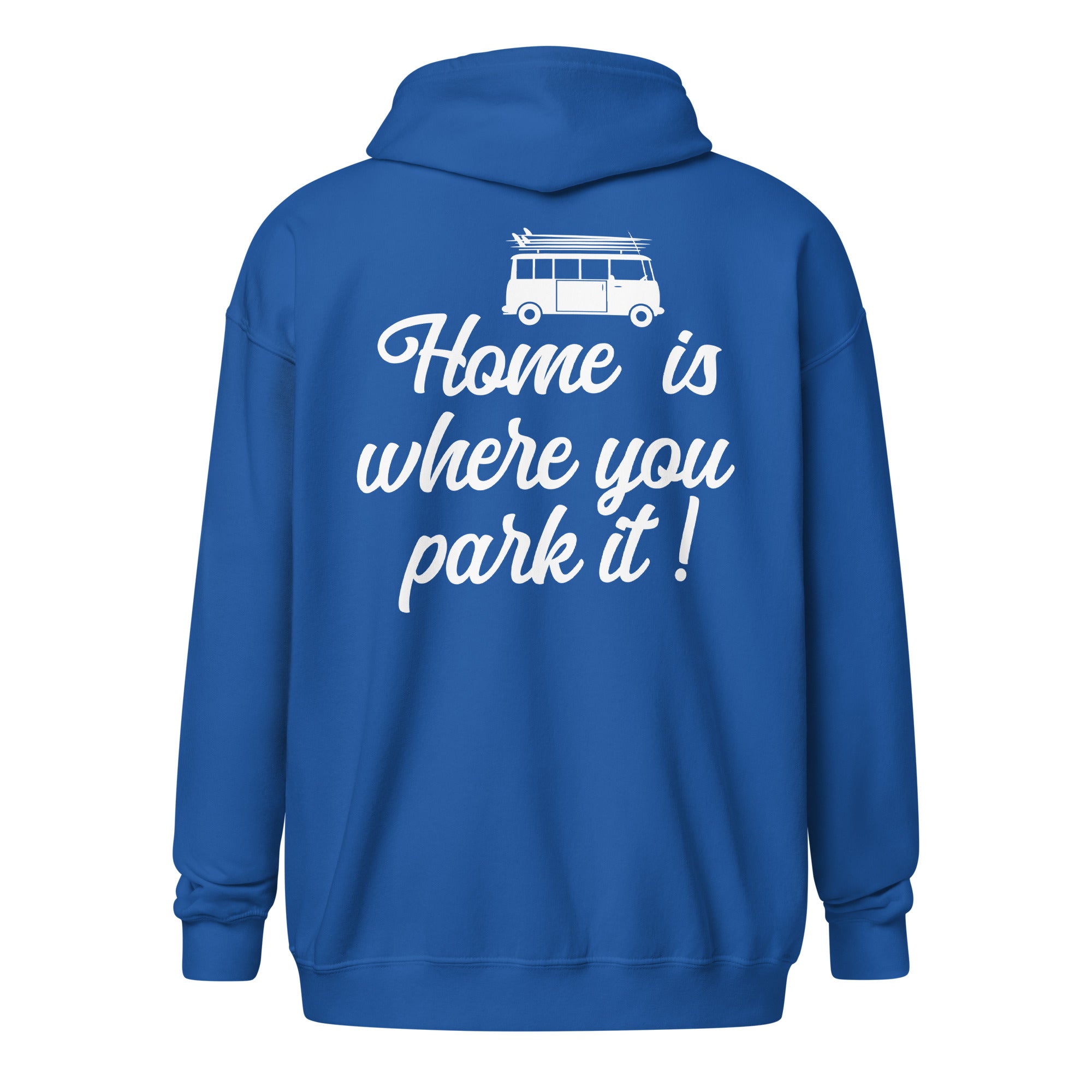 Sweat à capuche épais unisexe à fermeture éclair White Surf Combi Home is where you park it (face & dos)