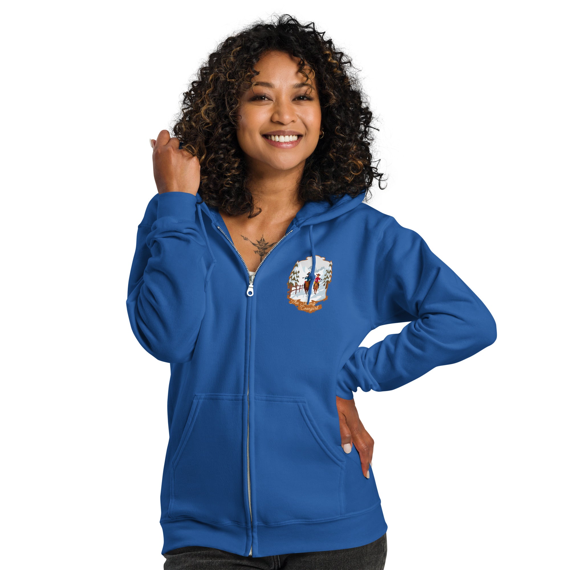 Unisex heavy blend zip hoodie The Skiing Cowgirl (front & back)