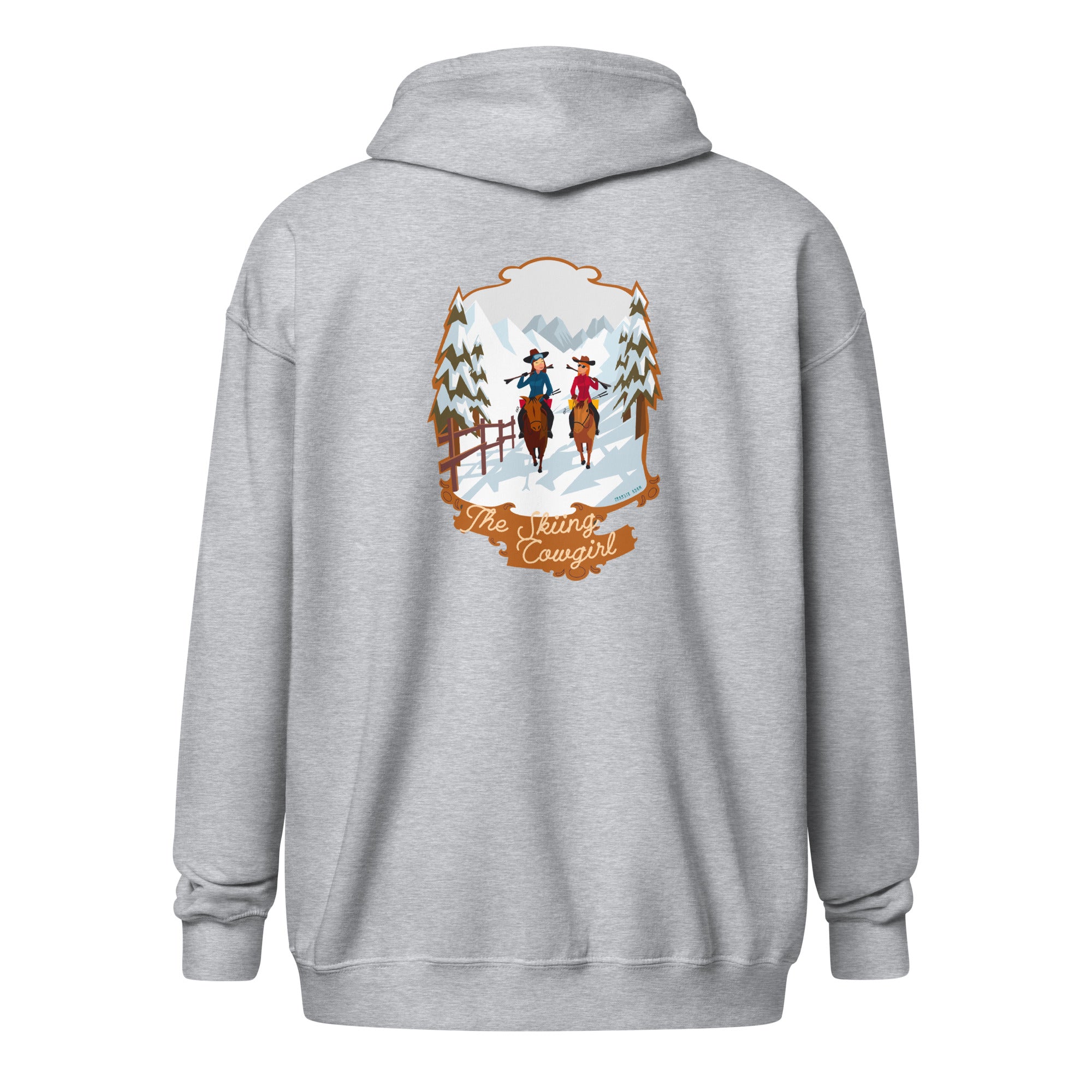 Unisex heavy blend zip hoodie The Skiing Cowgirl (front & back)