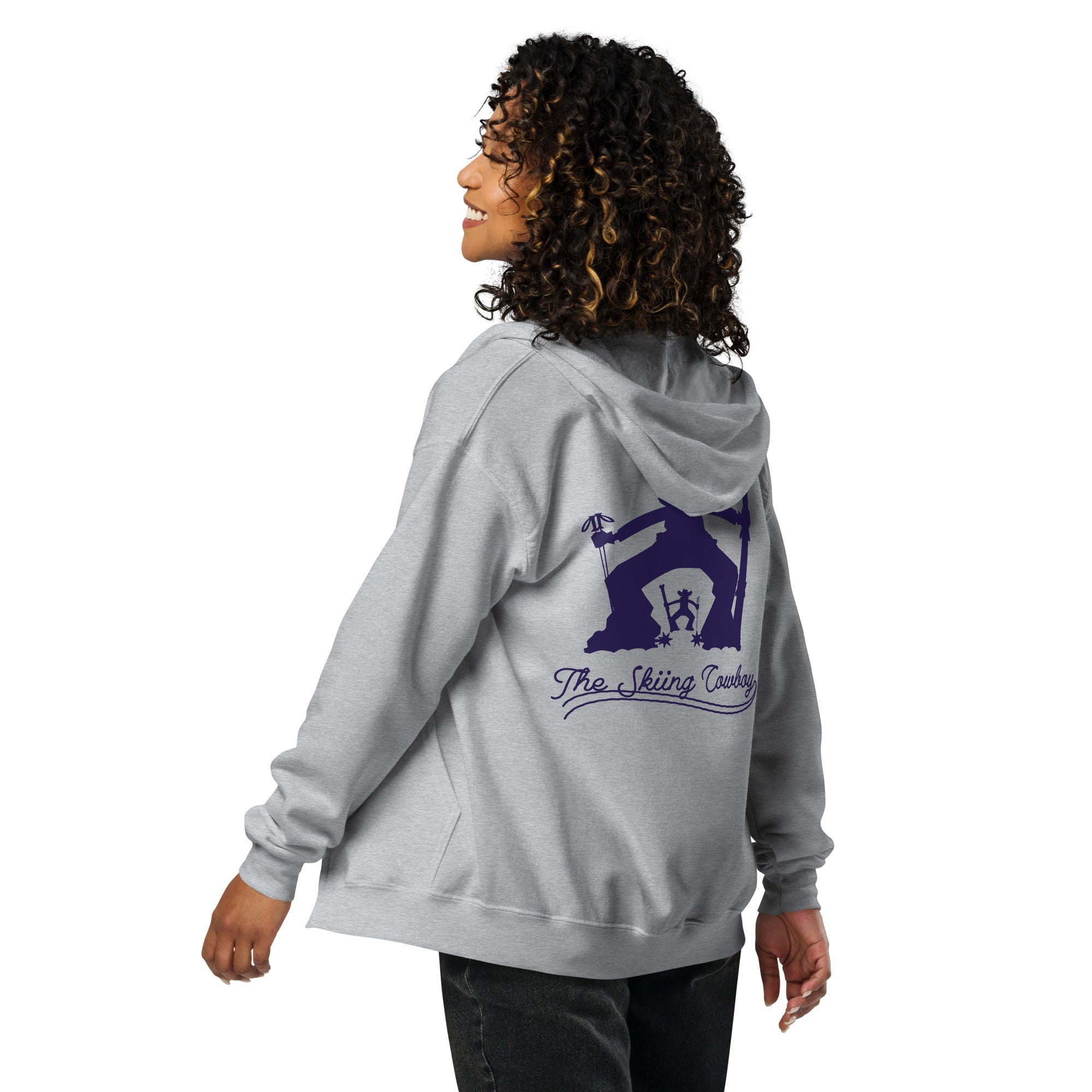 Unisex heavy blend zip hoodie The Skiing Cowboy Duel Silhouette (front & back)