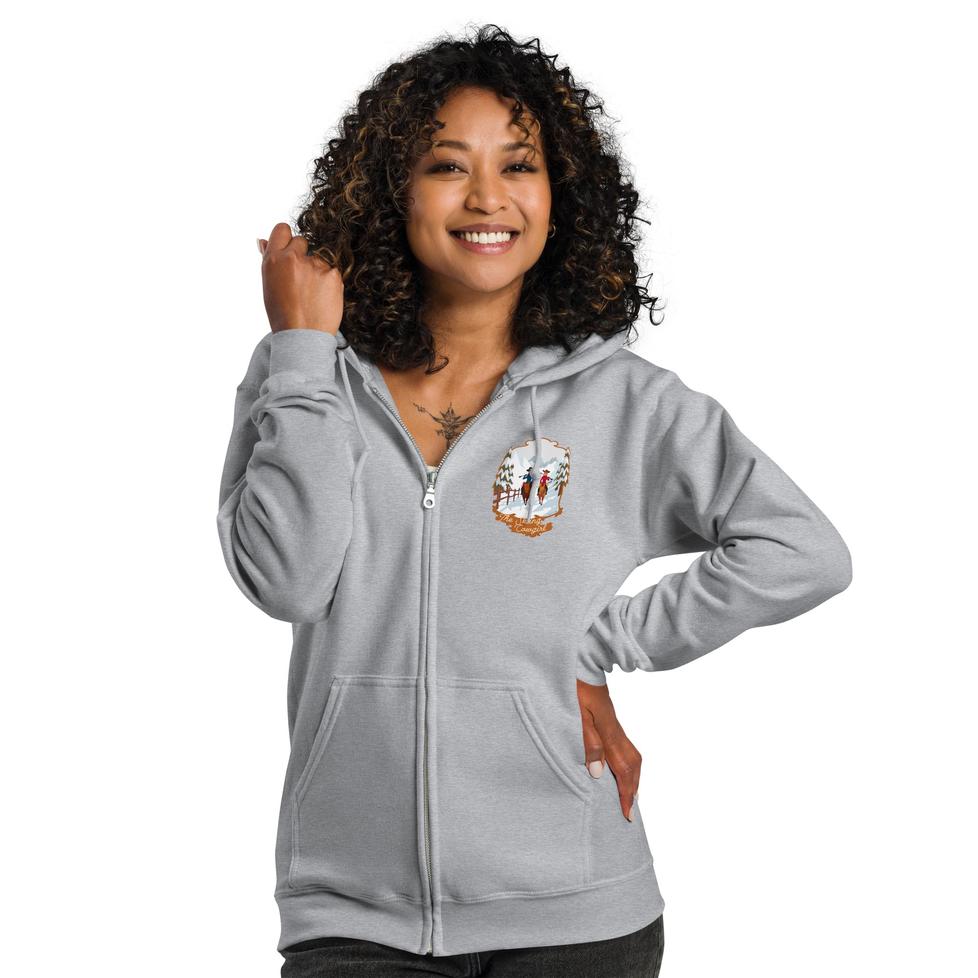 Unisex heavy blend zip hoodie The Skiing Cowgirl (front & back)