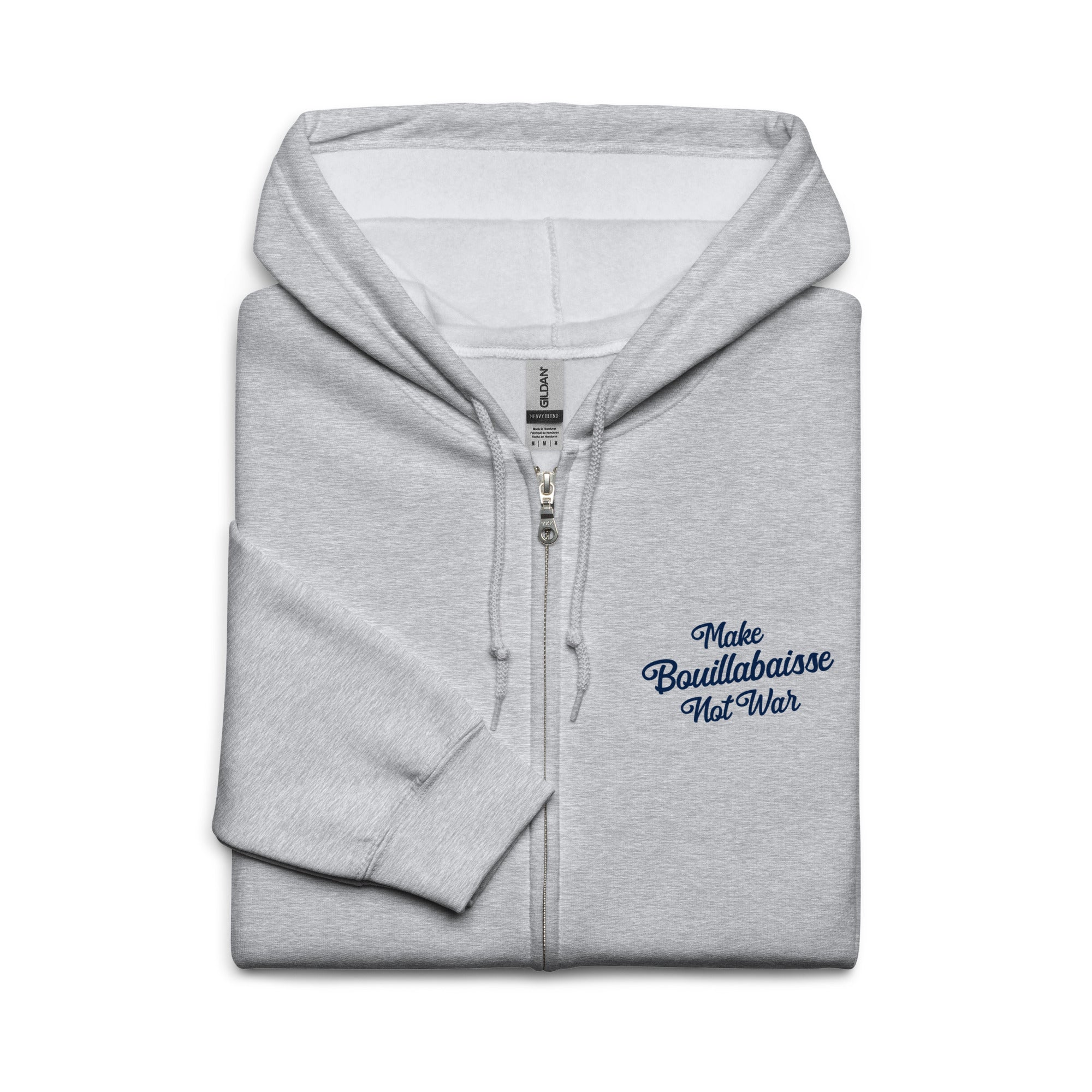 Unisex heavy blend zip hoodie Make Bouillabaisse Not War Navy Text Only (front & back)