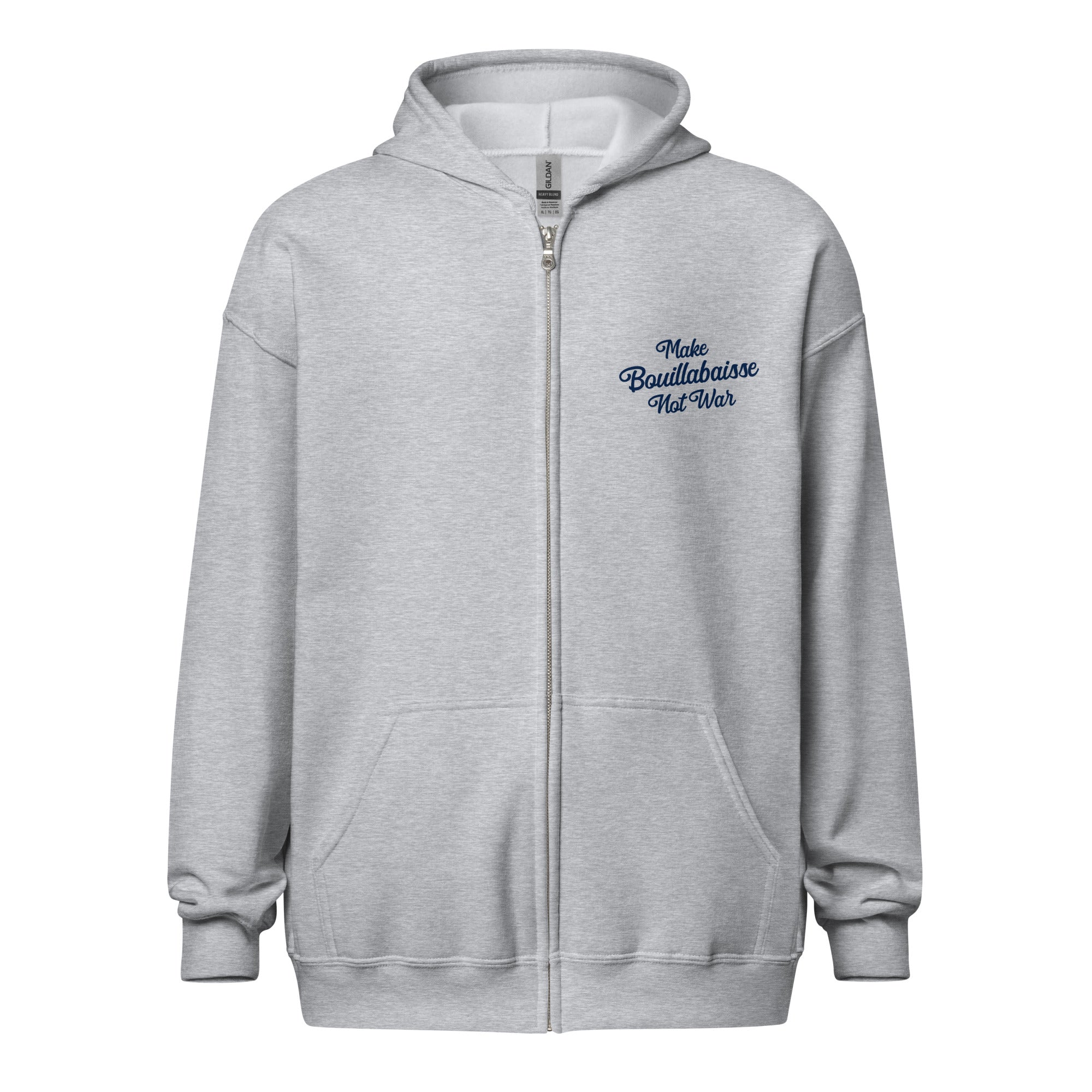 Unisex heavy blend zip hoodie Make Bouillabaisse Not War Navy Text Only (front & back)