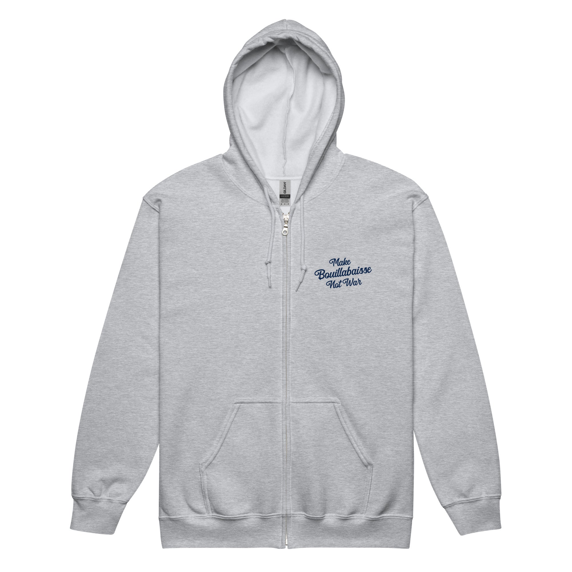 Unisex heavy blend zip hoodie Make Bouillabaisse Not War Navy Text Only (front & back)