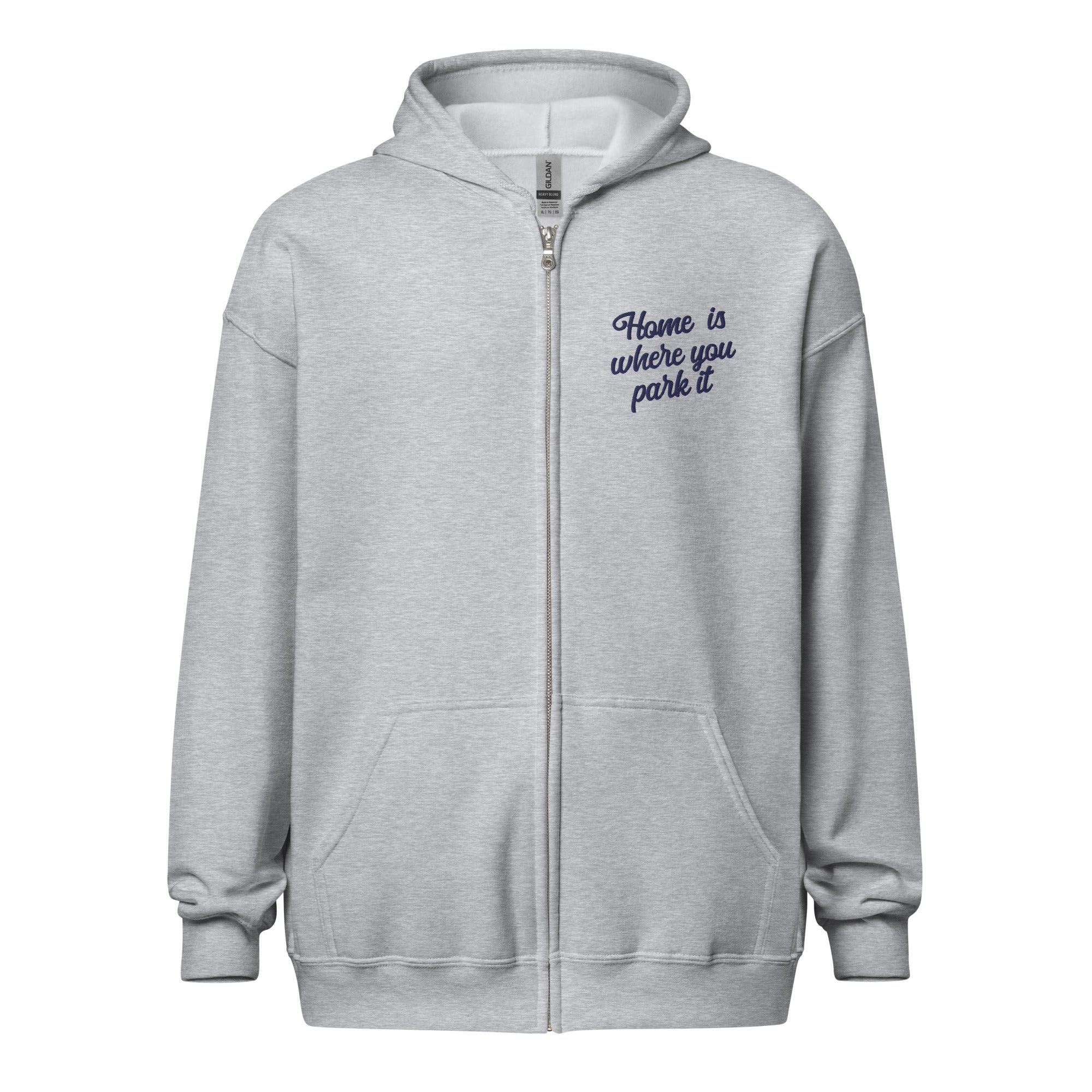 Unisex heavy blend zip hoodie Square Vintage Campers Home is where you park it navy embroidered pattern