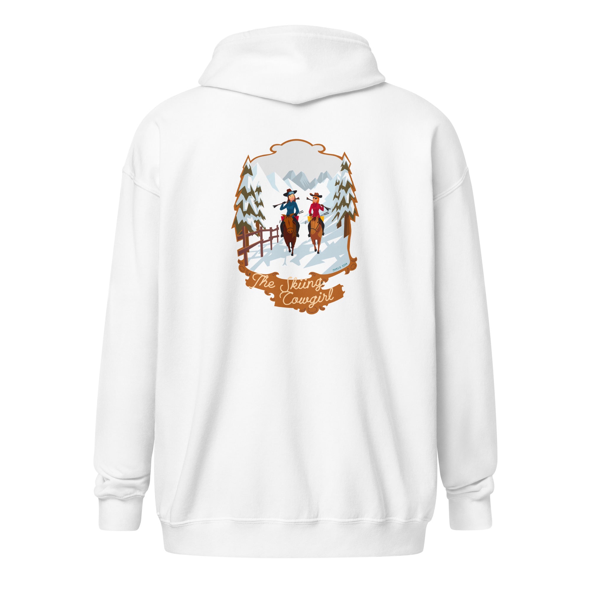 Unisex heavy blend zip hoodie The Skiing Cowgirl (front & back)