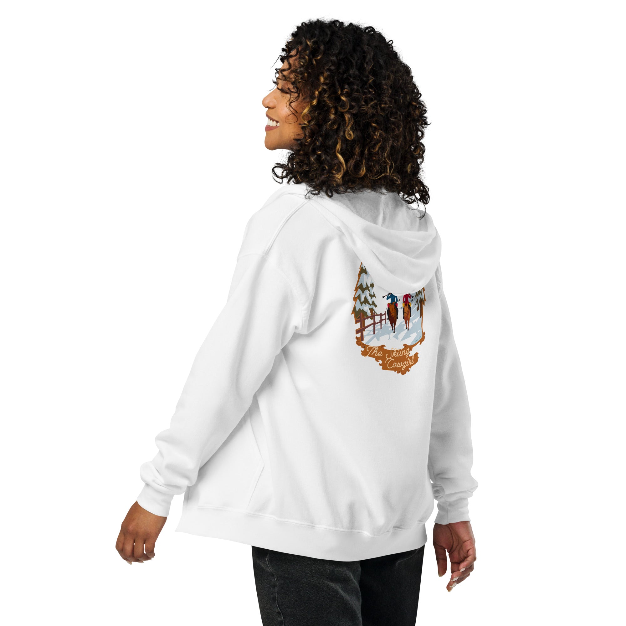 Unisex heavy blend zip hoodie The Skiing Cowgirl (front & back)