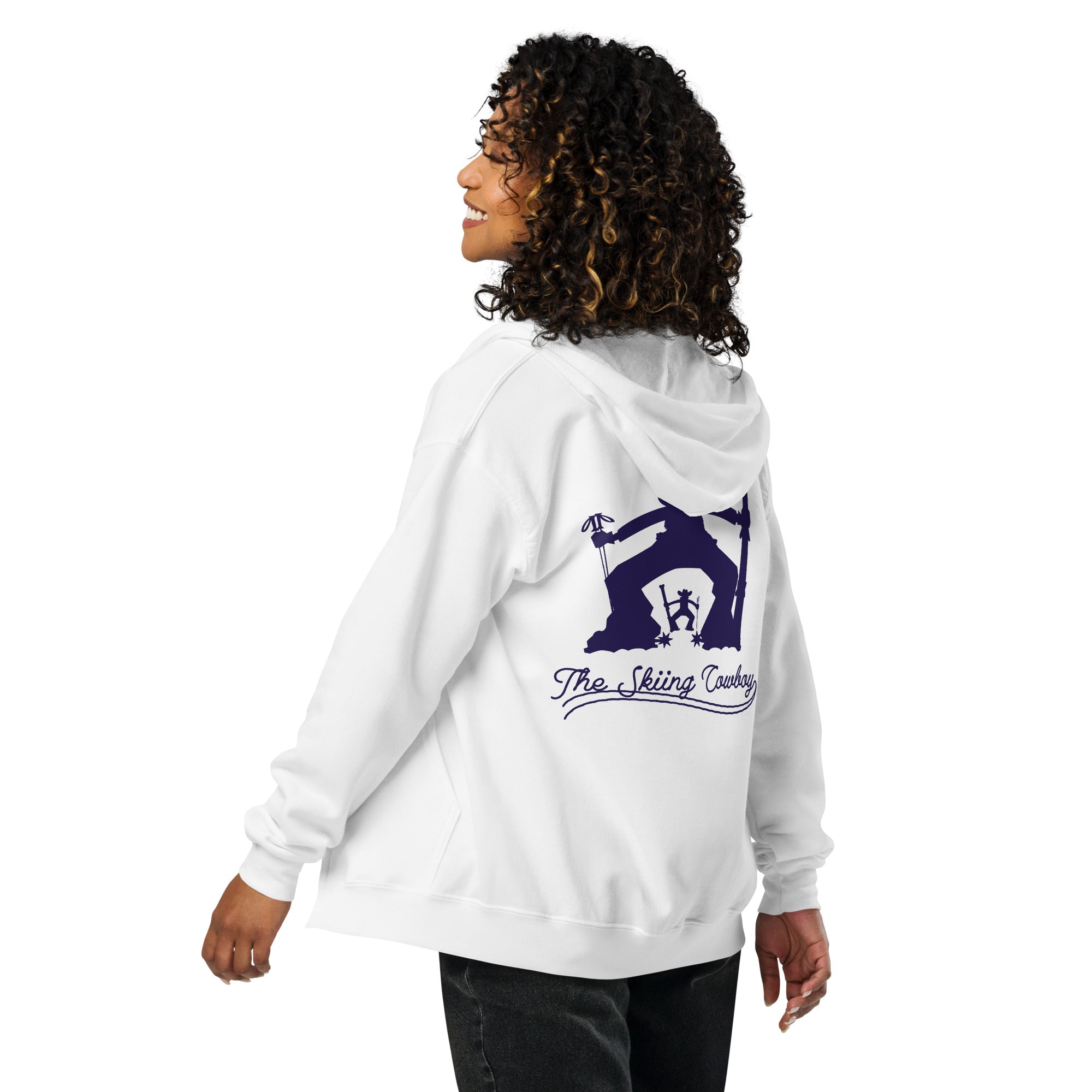 Unisex heavy blend zip hoodie The Skiing Cowboy Duel Silhouette (front & back)