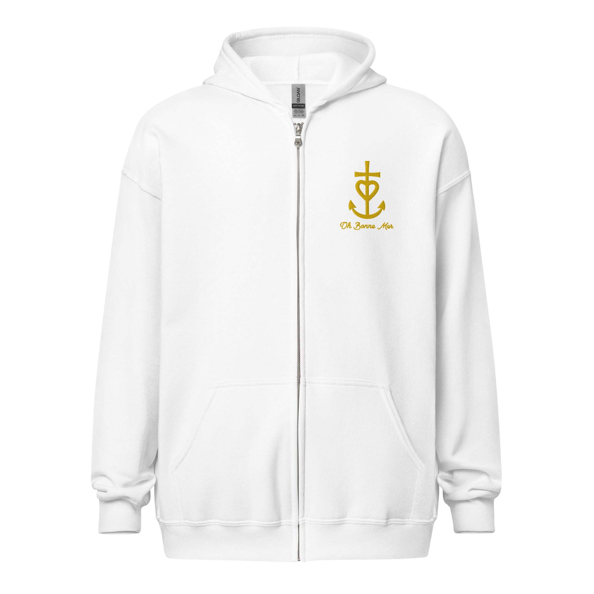 Unisex heavy blend zip hoodie Croix de Camargue Oh Bonne mer gold embroidered pattern