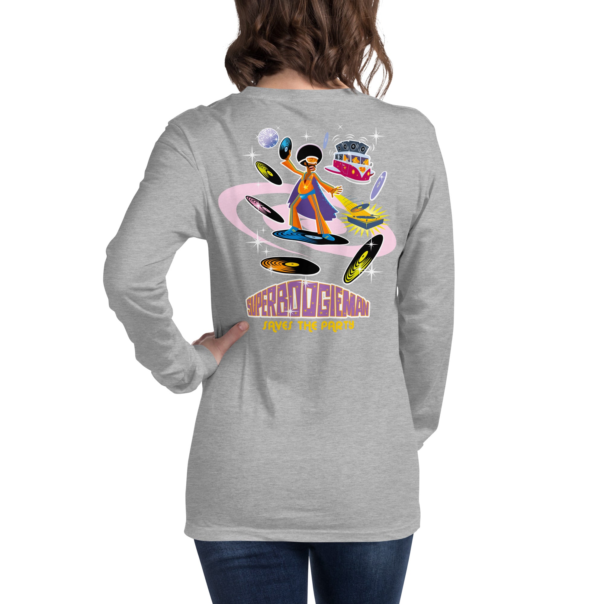 Unisex Long Sleeve Tee Superboogieman Saves the Party (front & back) on heather colors