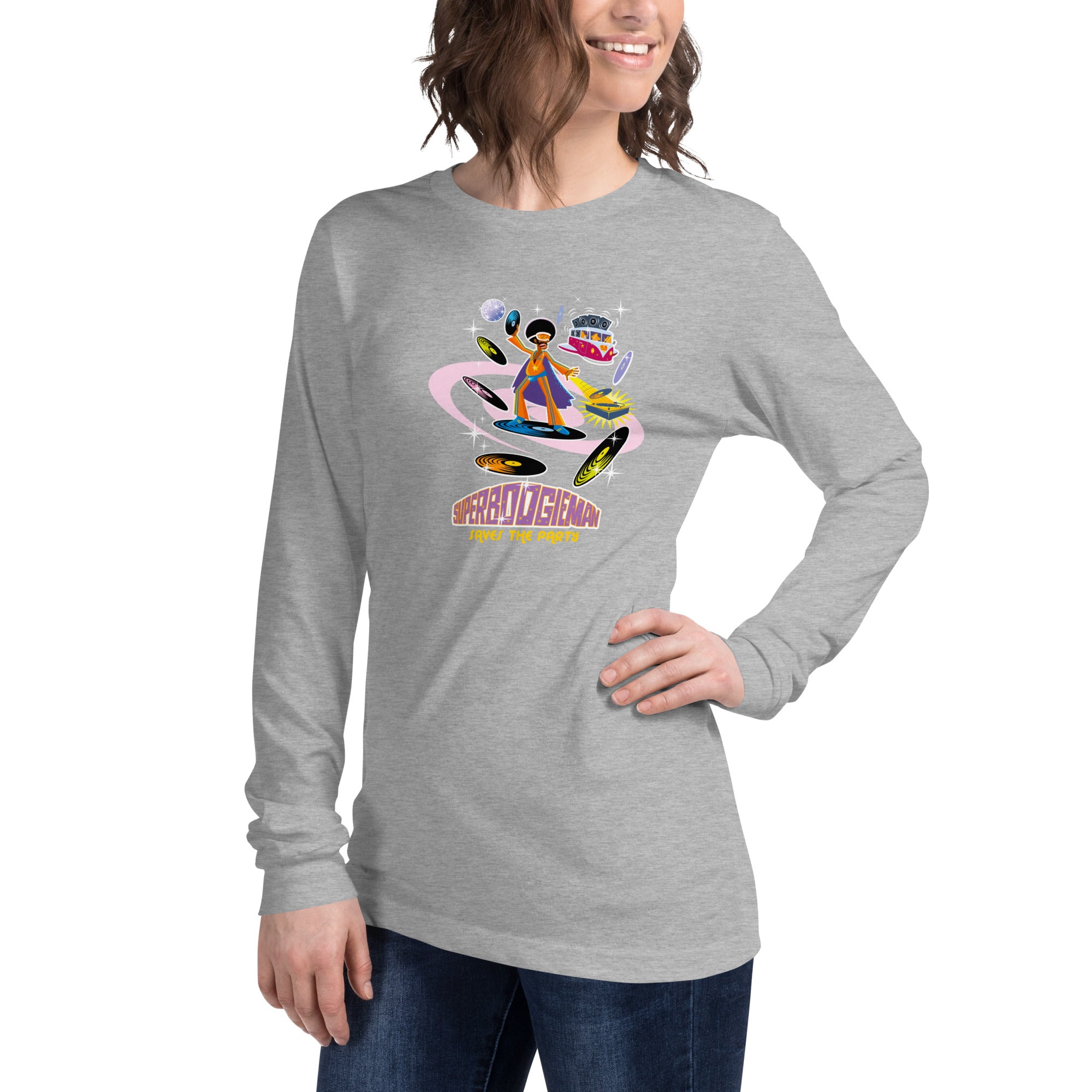 Unisex Long Sleeve Tee Superboogieman Saves the Party (front & back) on heather colors