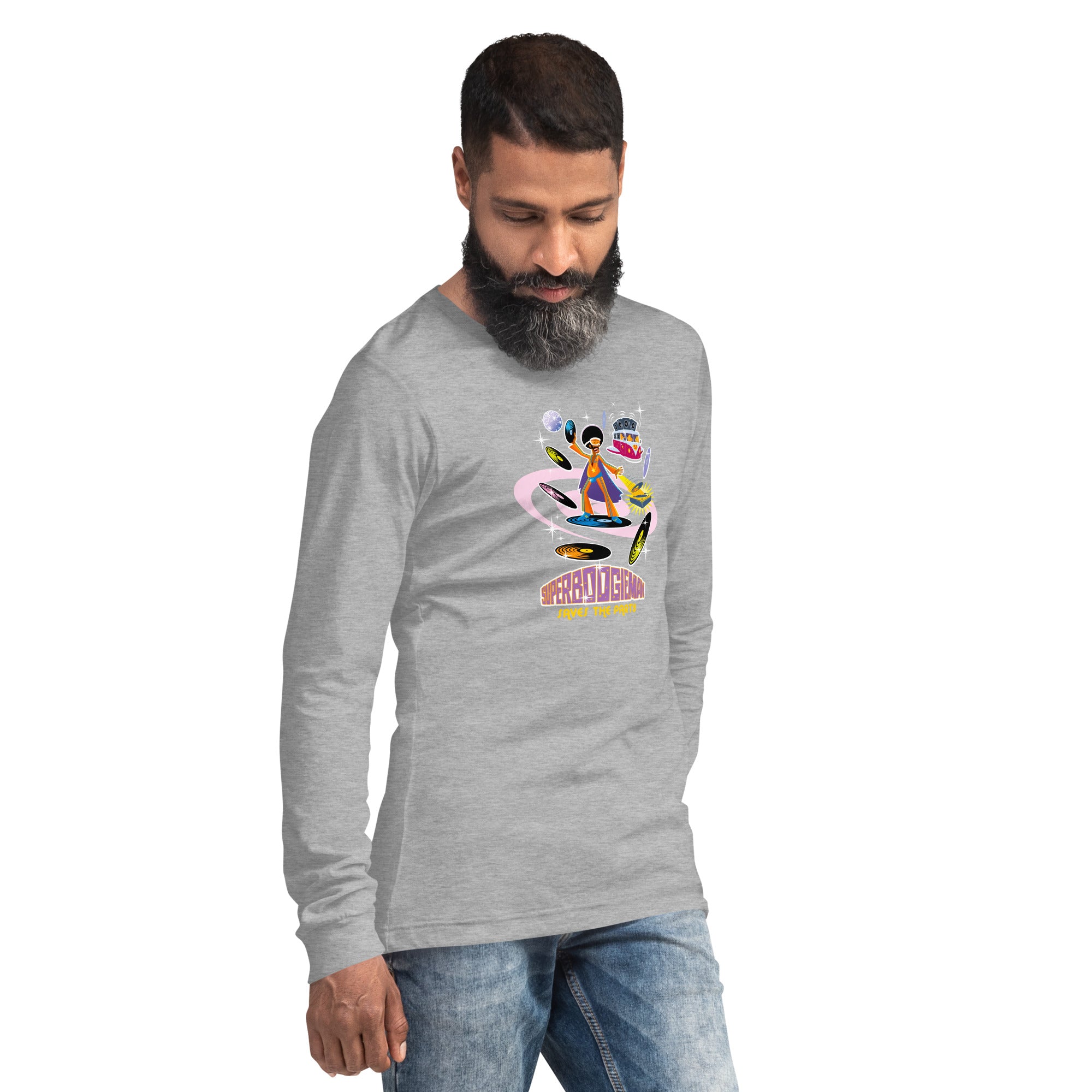 T-shirt unisexe à manches longues Superboogieman Saves the Party (face & dos) sur couleurs chinées