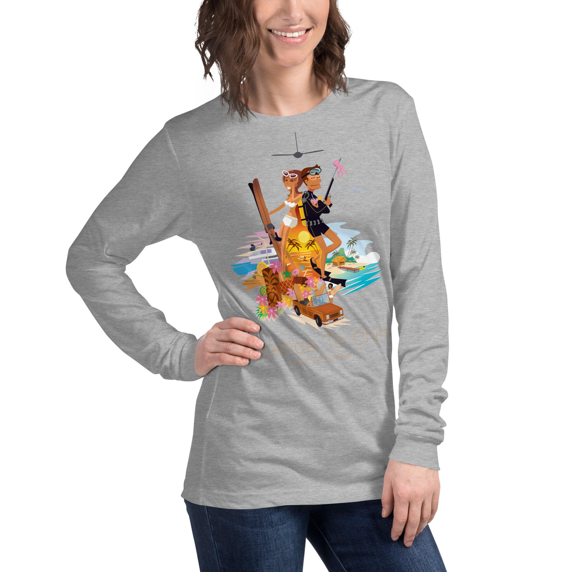 Unisex Long Sleeve Tee License to Chill Vamos a la Playa on heather colors