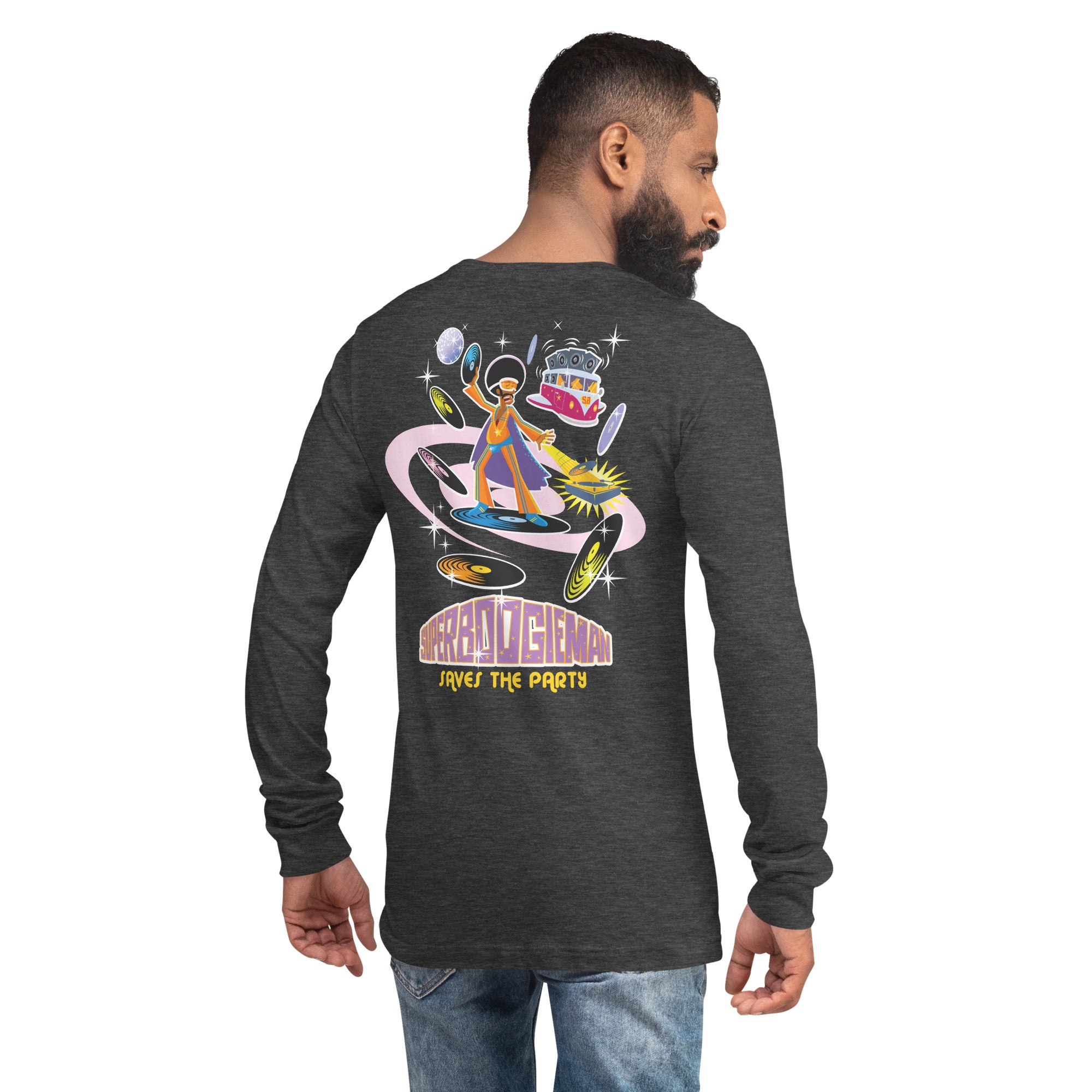 Unisex Long Sleeve Tee Superboogieman Saves the Party (front & back) on heather colors
