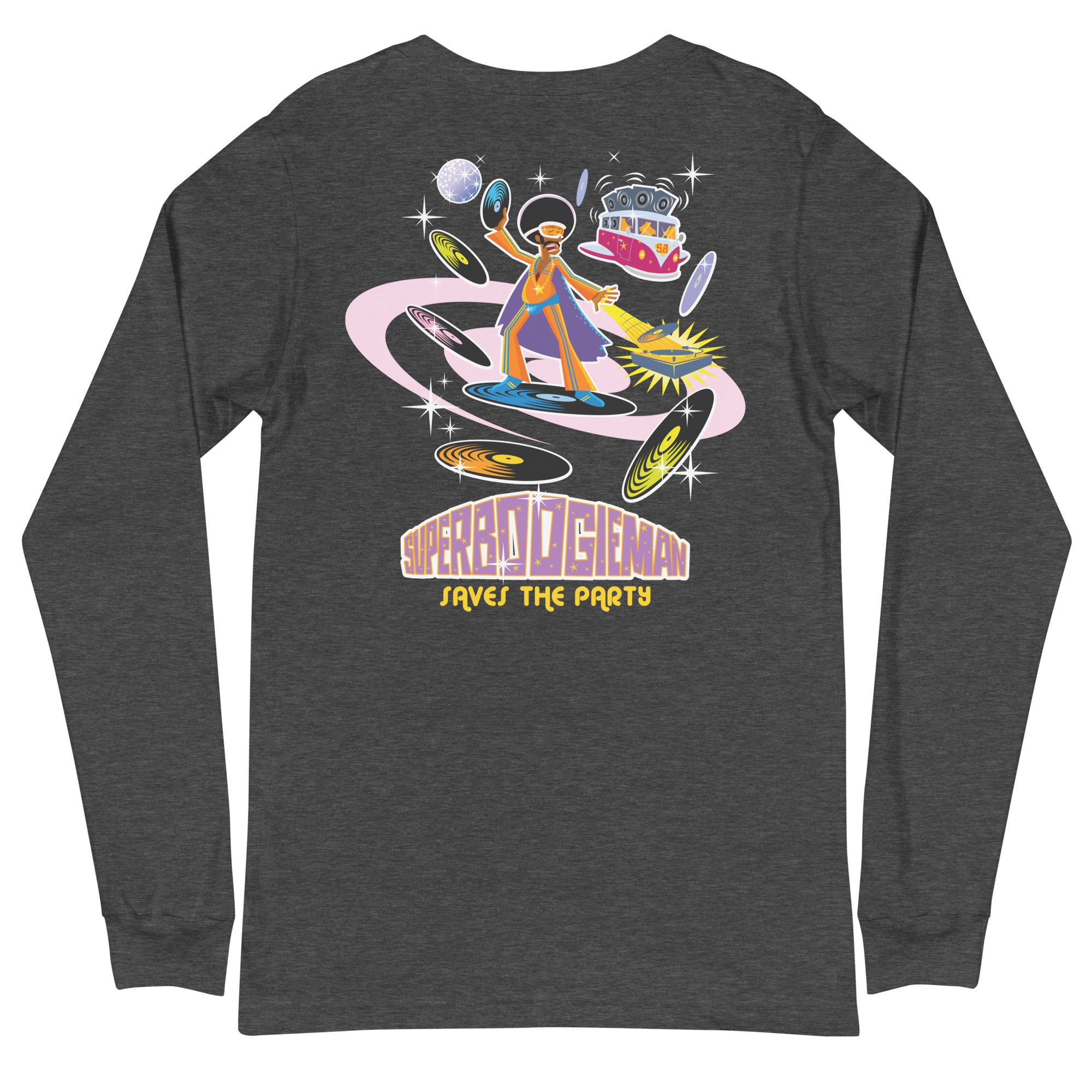 Unisex Long Sleeve Tee Superboogieman Saves the Party (front & back) on heather colors