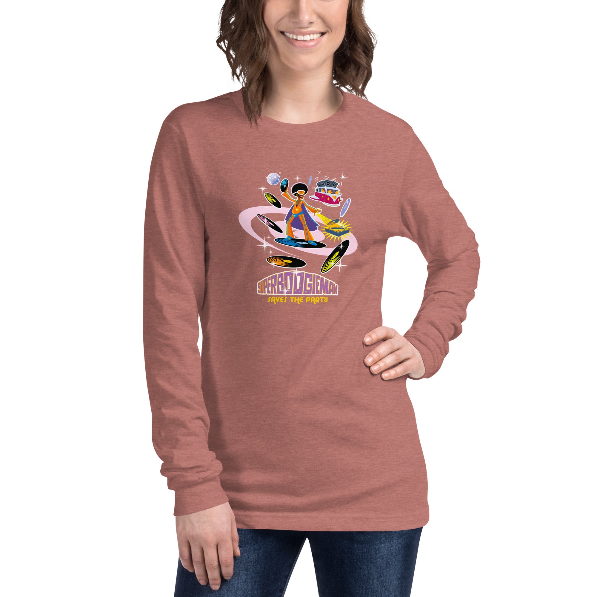 Unisex Long Sleeve Tee Superboogieman Saves the Party (front & back) on heather colors