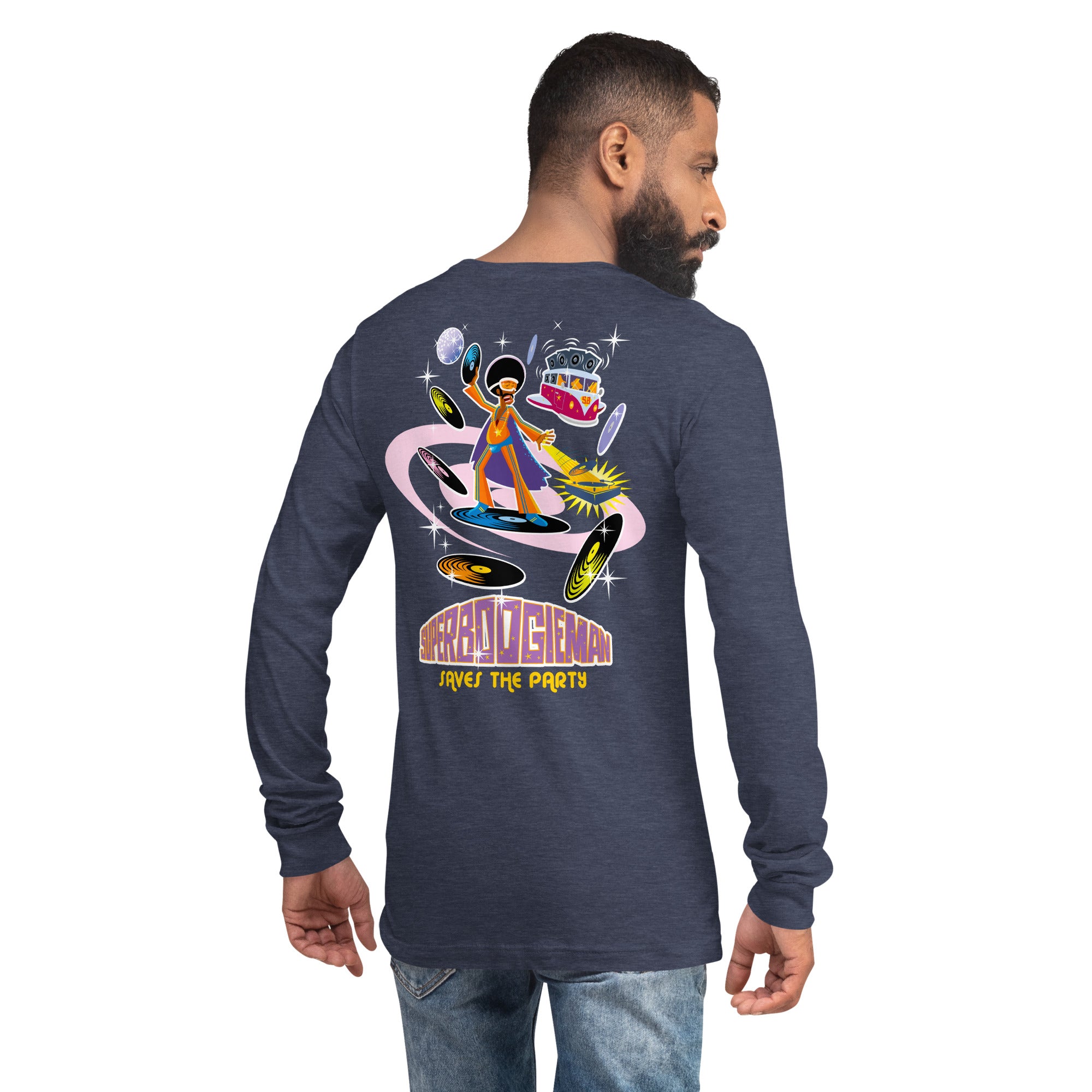 T-shirt unisexe à manches longues Superboogieman Saves the Party (face & dos) sur couleurs chinées