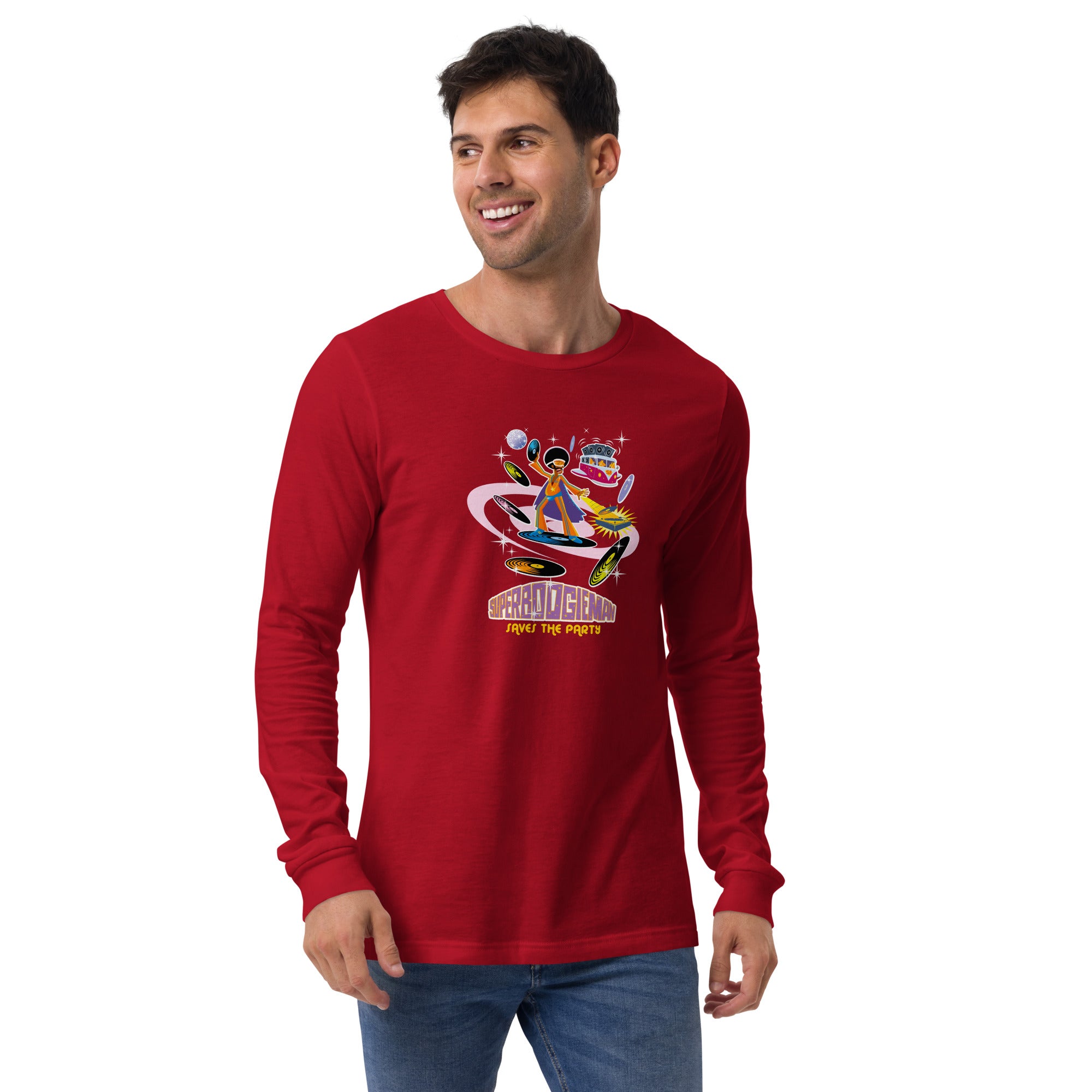 Unisex Long Sleeve Tee Superboogieman Saves the Party (front & back)