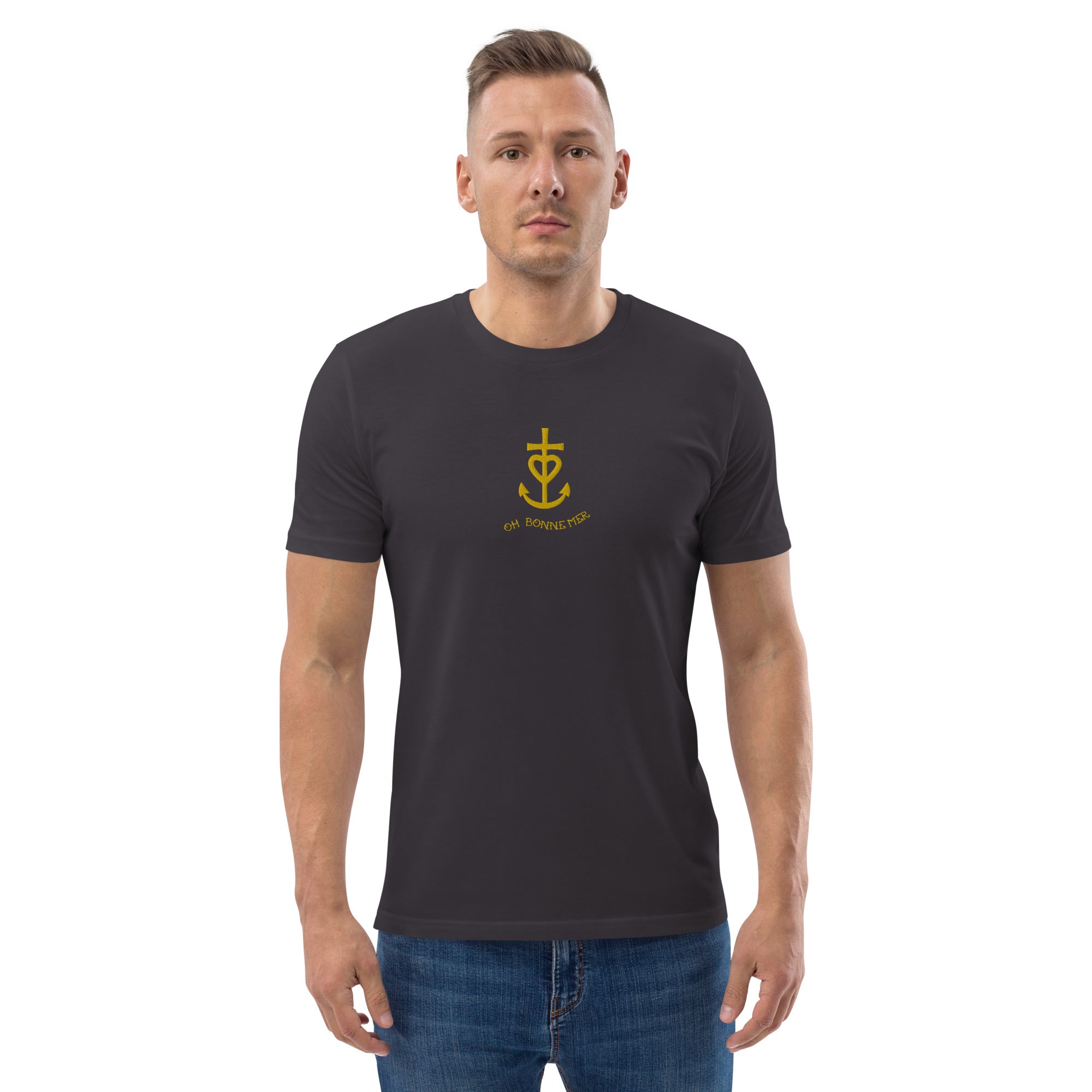 Unisex organic cotton t-shirt Croix de Camargue Gold embroidered pattern on dark colors