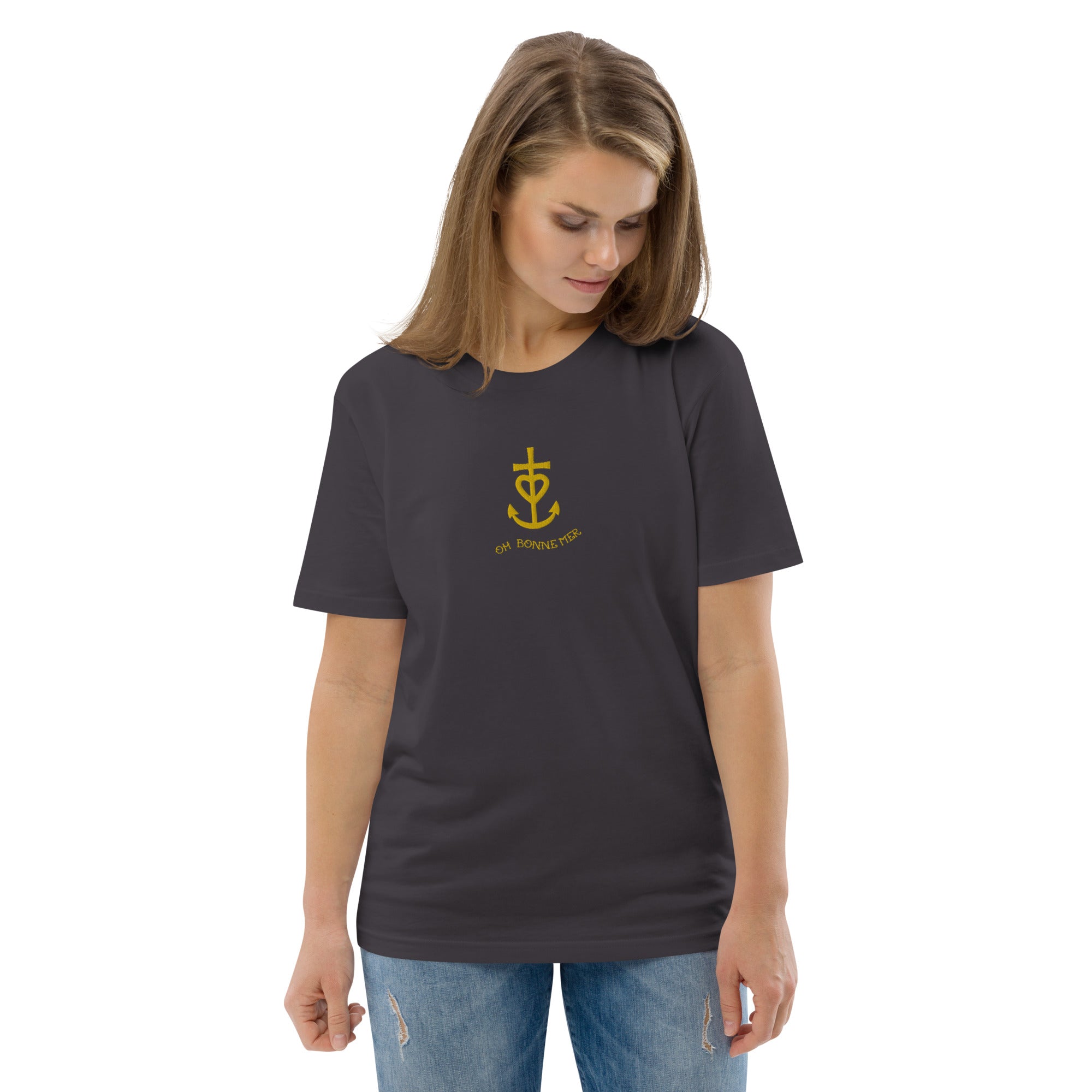 T-shirt unisexe en coton biologique Croix de Camargue dorée Oh Bonne mer brodé sur couleurs foncées