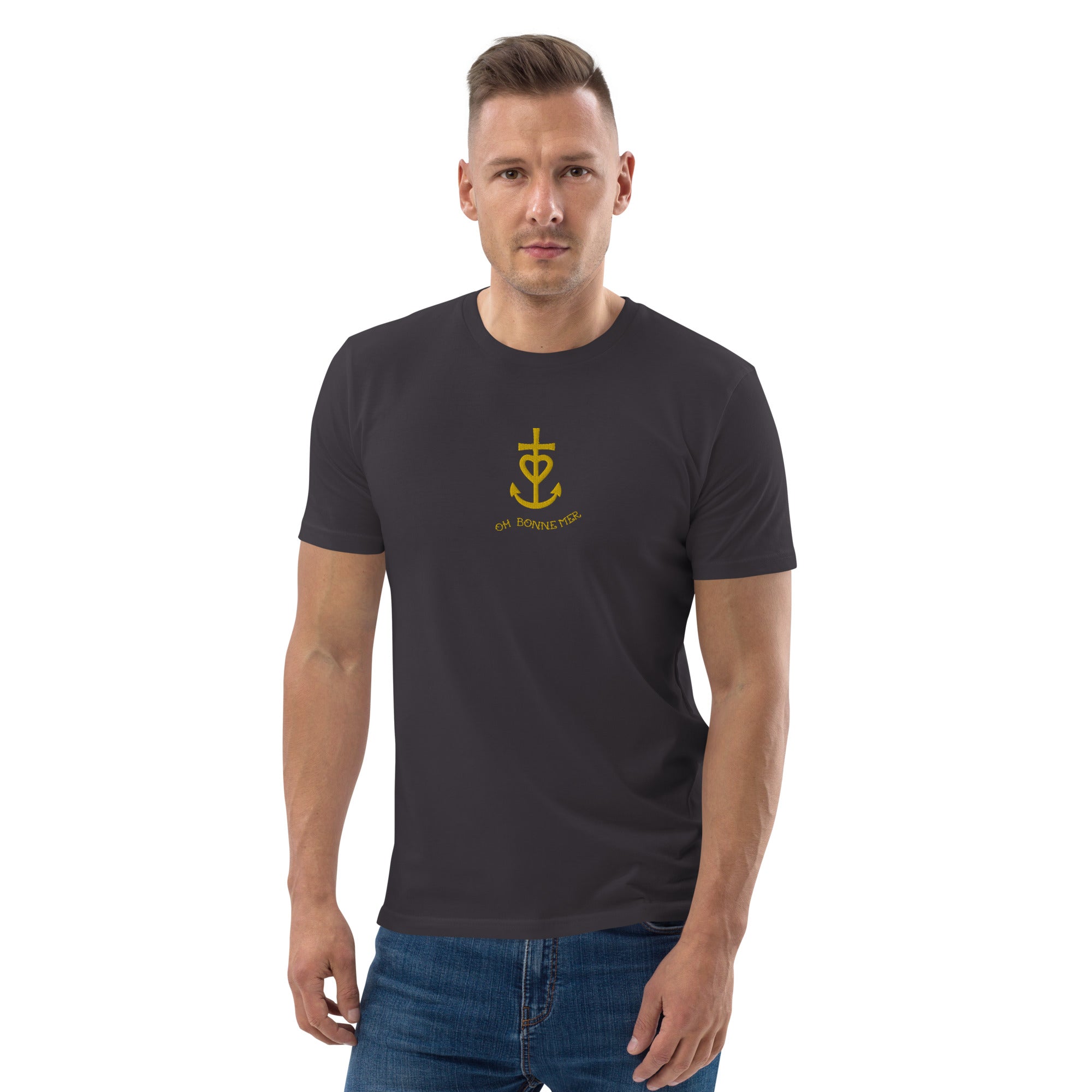 Unisex organic cotton t-shirt Croix de Camargue Gold embroidered pattern on dark colors