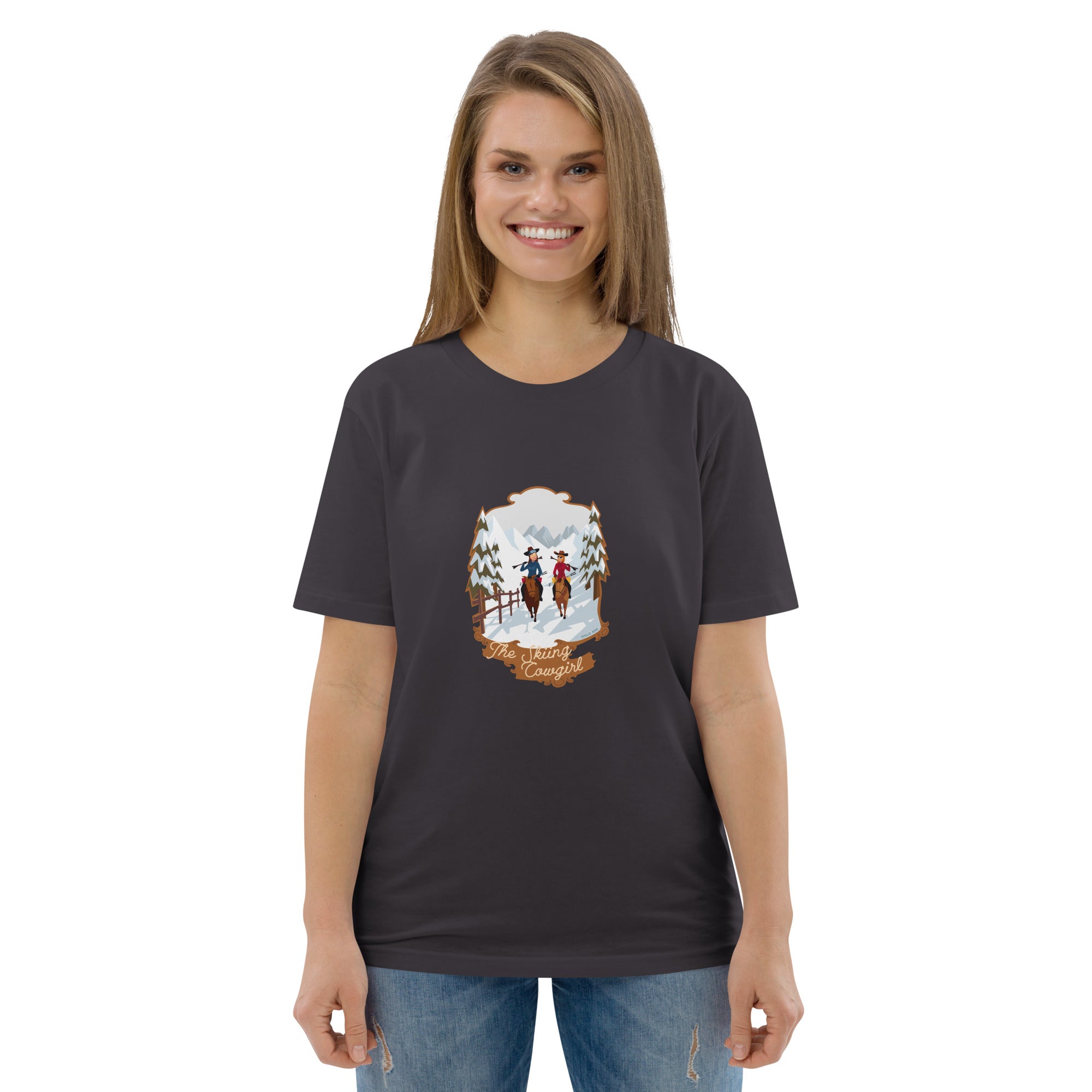 T-shirt unisexe en coton biologique The Skiing Cowgirl sur couleurs foncées