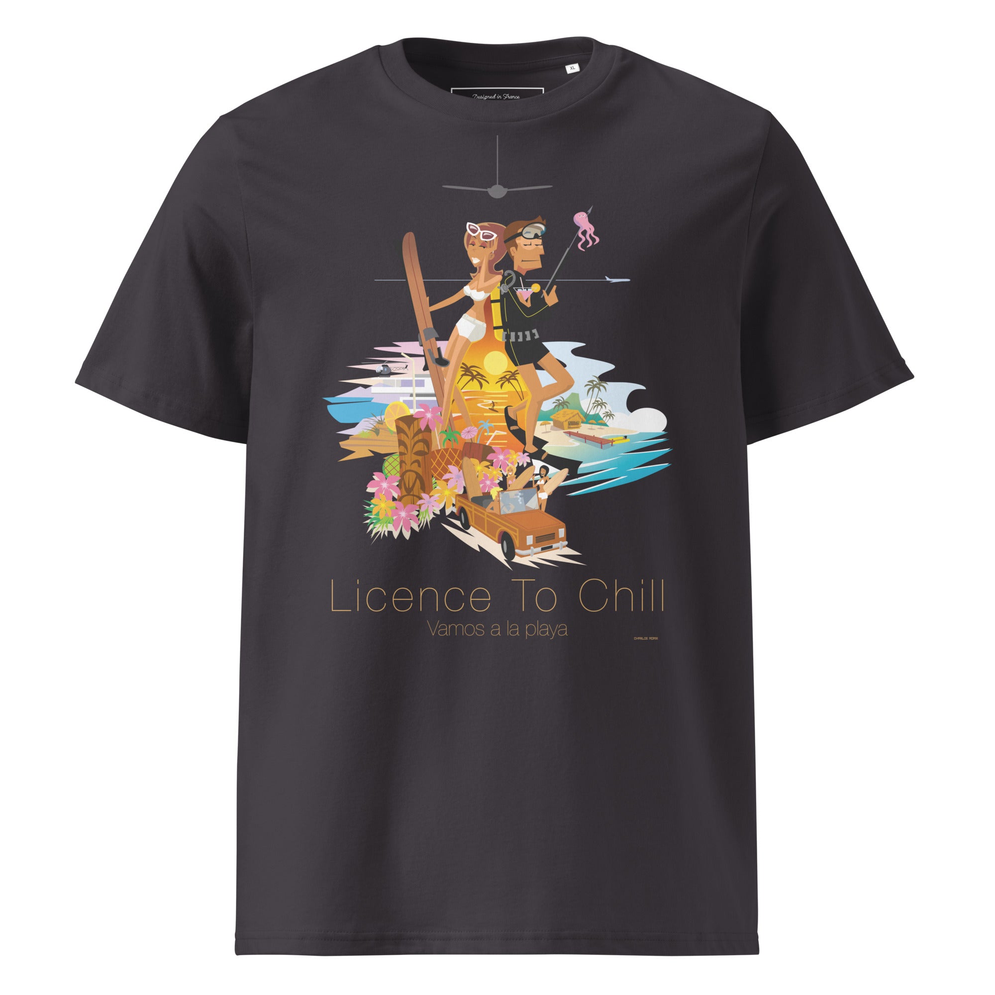 T-shirt unisexe en coton biologique License to Chill Vamos a la Playa sur couleurs foncées