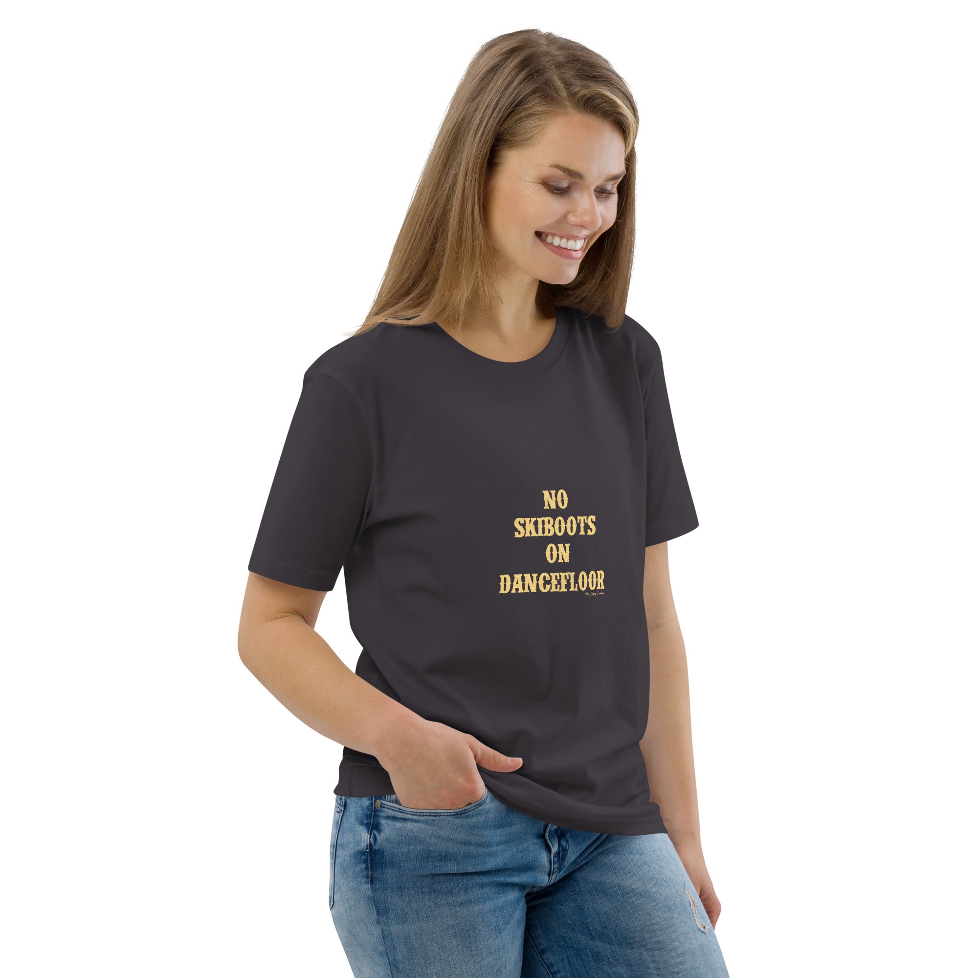 Unisex organic cotton t-shirt No Skiboots on Dancefloor light text