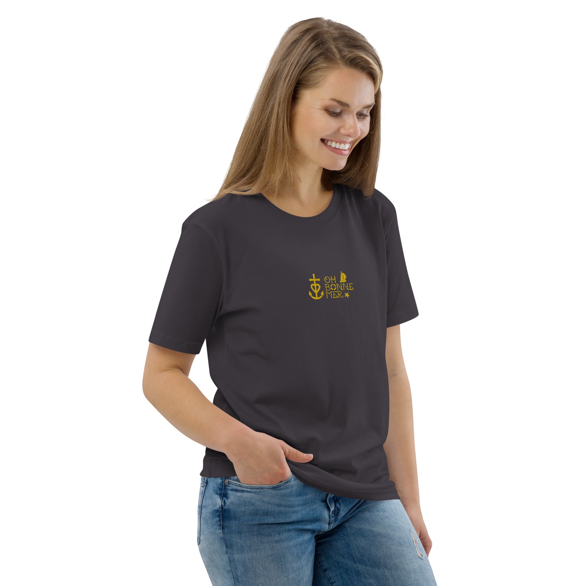 Unisex organic cotton t-shirt Oh Bonne Mer 2 embroidered pattern on dark colors