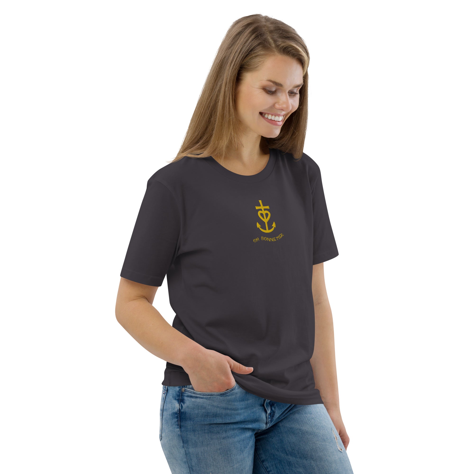 Unisex organic cotton t-shirt Croix de Camargue Gold embroidered pattern on dark colors