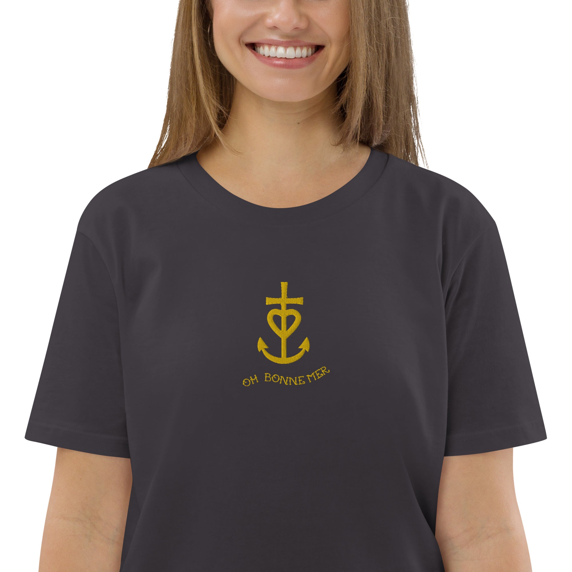 T-shirt unisexe en coton biologique Croix de Camargue dorée Oh Bonne mer brodé sur couleurs foncées