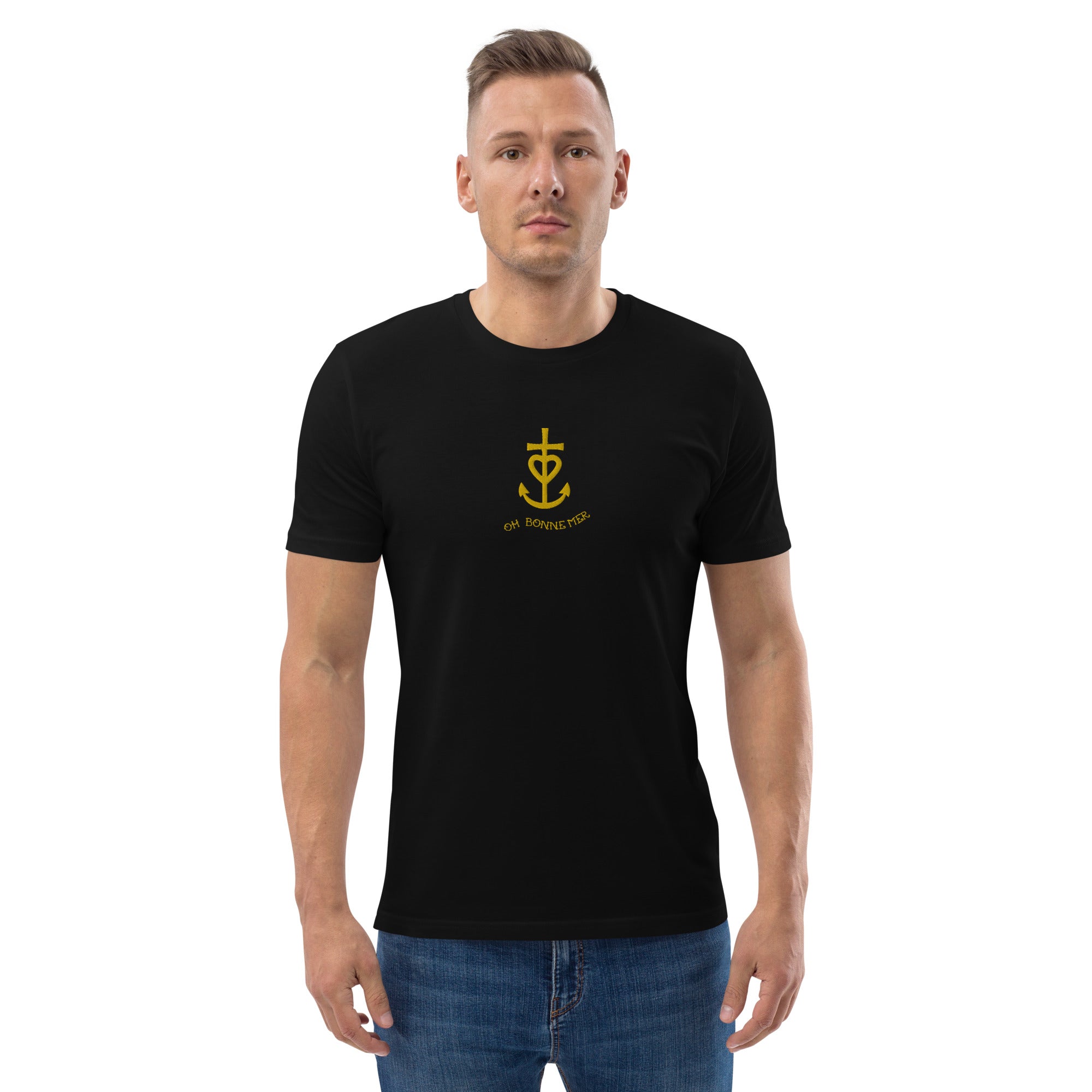 Unisex organic cotton t-shirt Croix de Camargue Gold embroidered pattern on dark colors