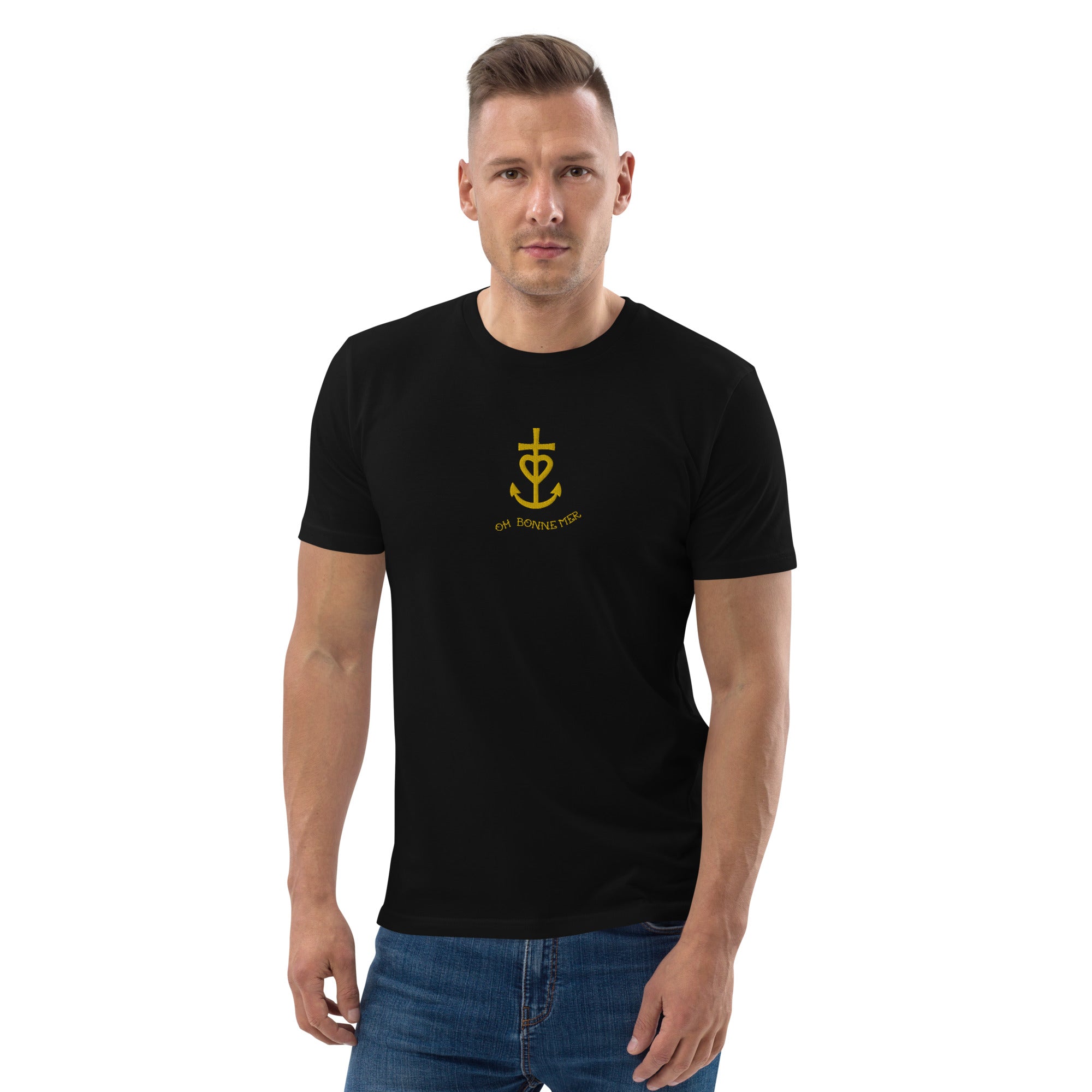 Unisex organic cotton t-shirt Croix de Camargue Gold embroidered pattern on dark colors