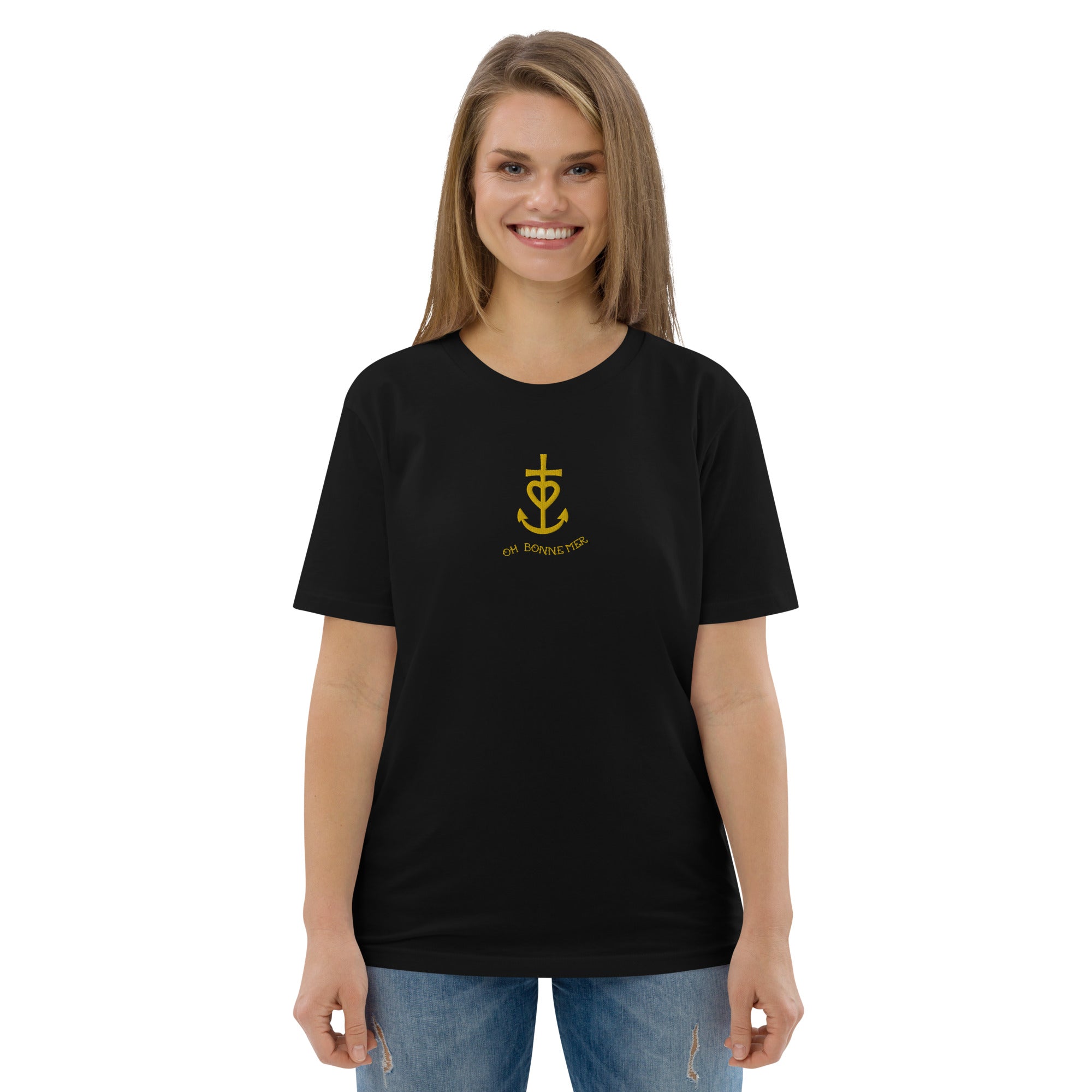 T-shirt unisexe en coton biologique Croix de Camargue dorée Oh Bonne mer brodé sur couleurs foncées