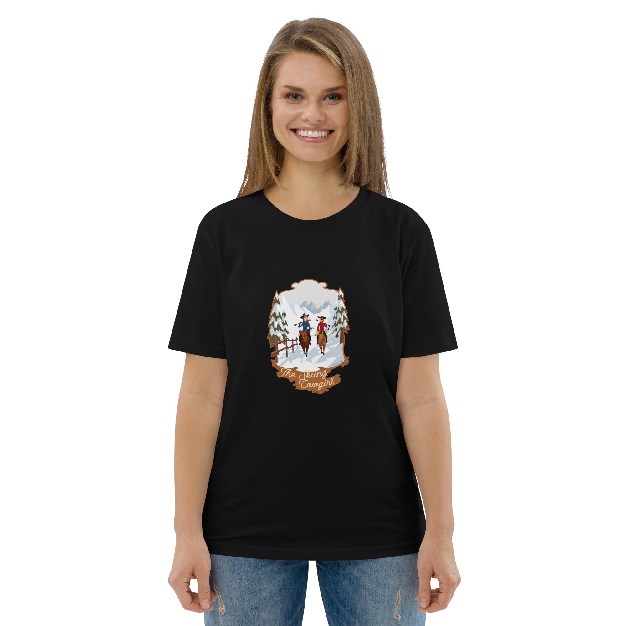 T-shirt unisexe en coton biologique The Skiing Cowgirl sur couleurs foncées