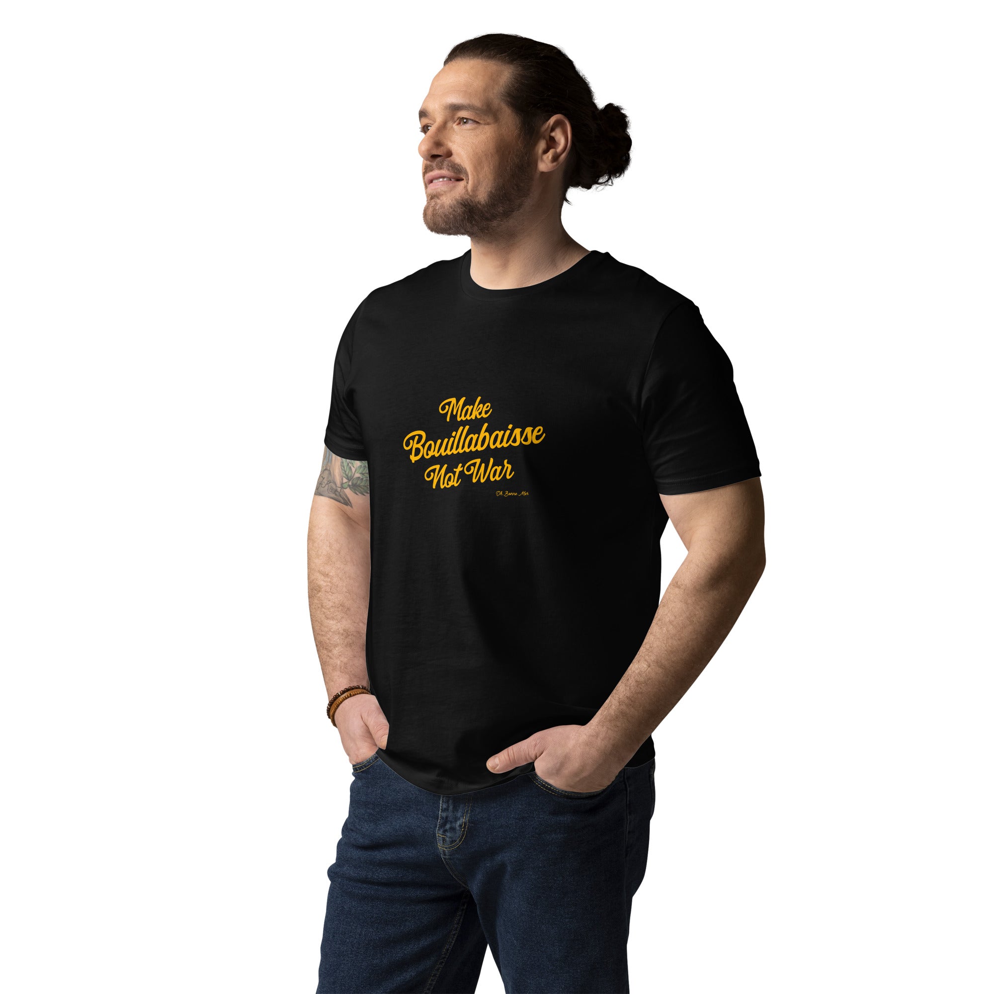 T-shirt unisexe en coton biologique Make Bouillabaisse Not War Gold sur couleurs foncées