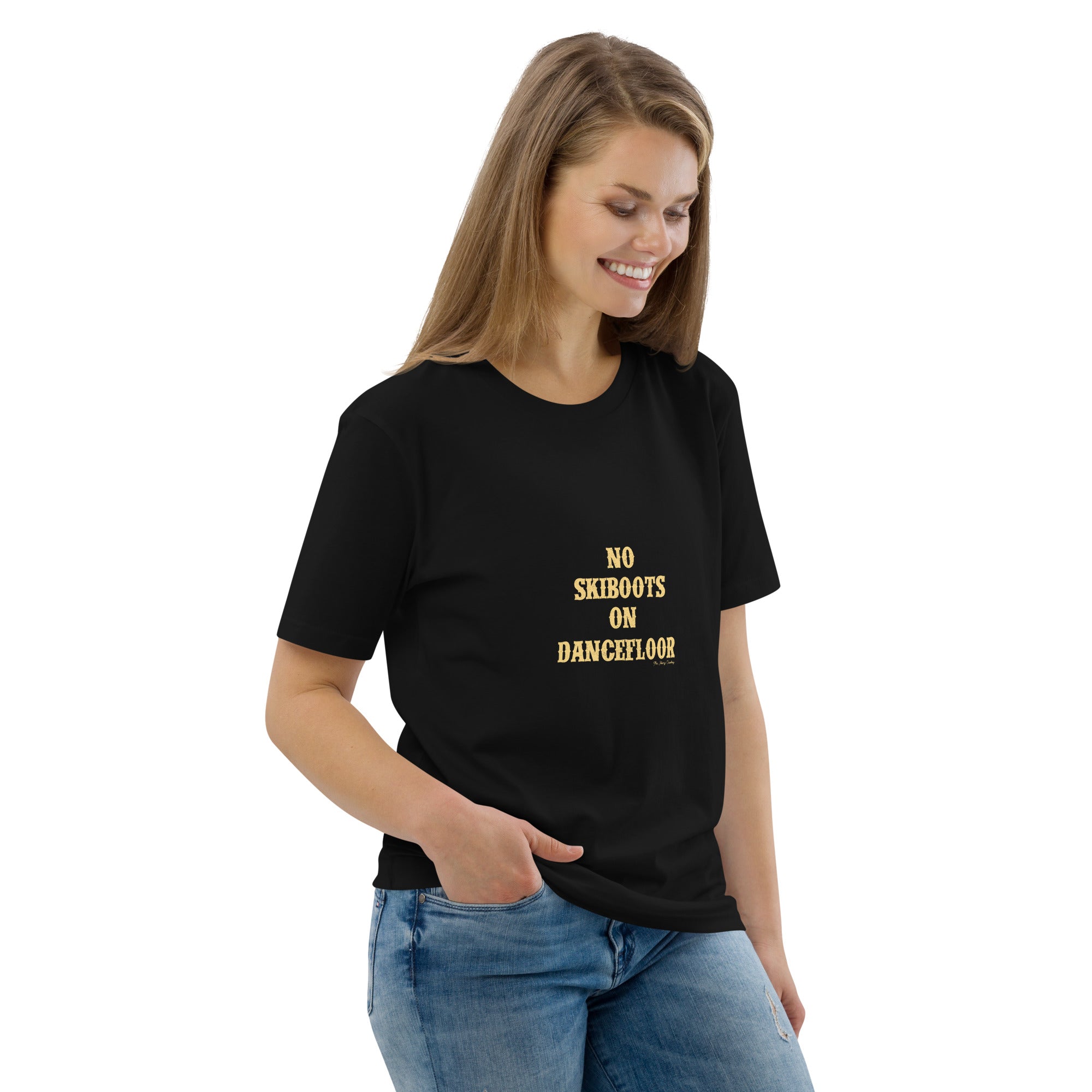 Unisex organic cotton t-shirt No Skiboots on Dancefloor light text