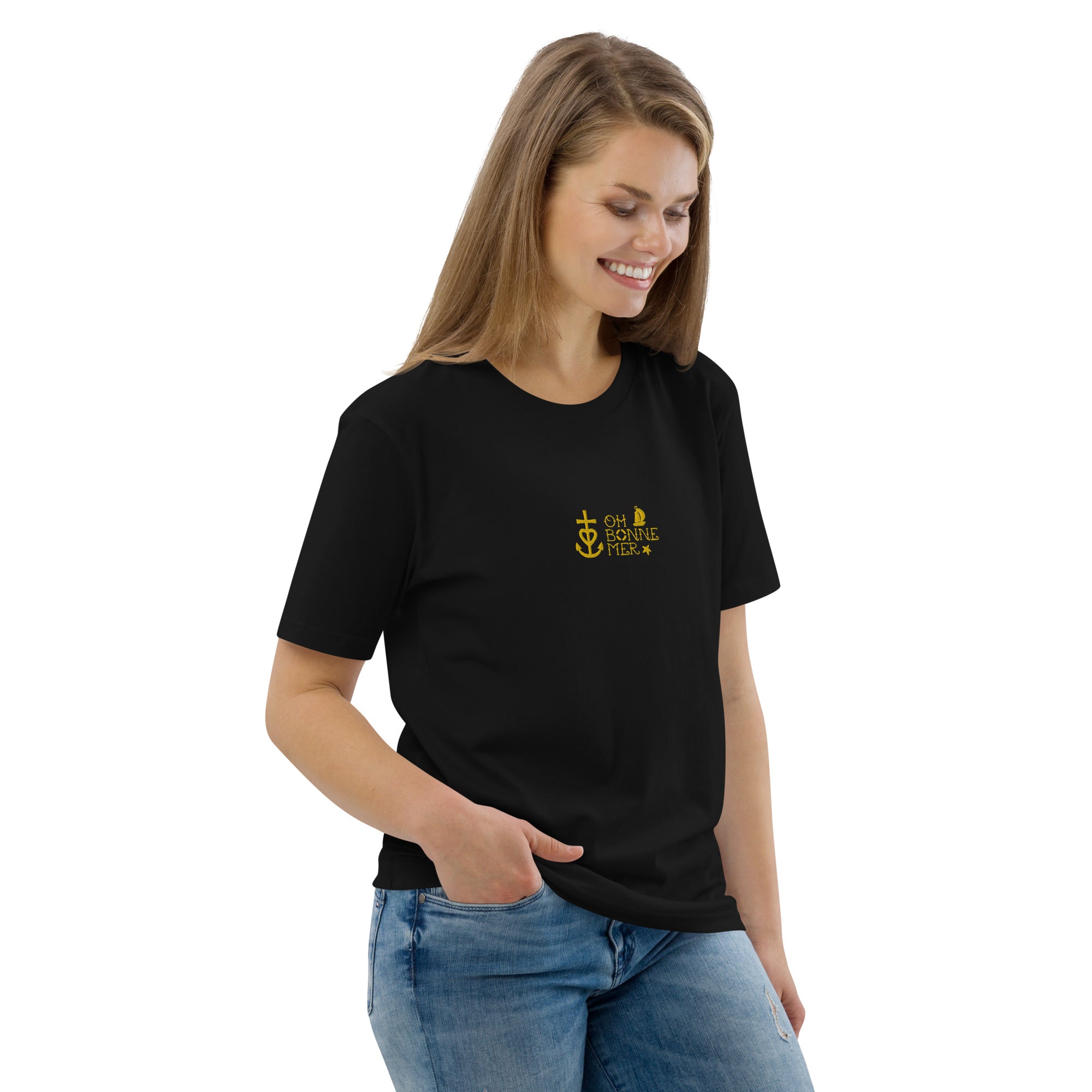 Unisex organic cotton t-shirt Oh Bonne Mer 2 embroidered pattern on dark colors