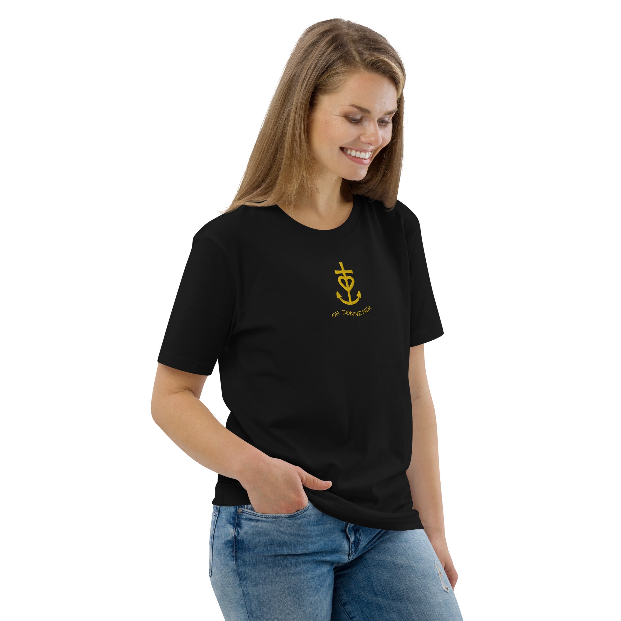 Unisex organic cotton t-shirt Croix de Camargue Gold embroidered pattern on dark colors