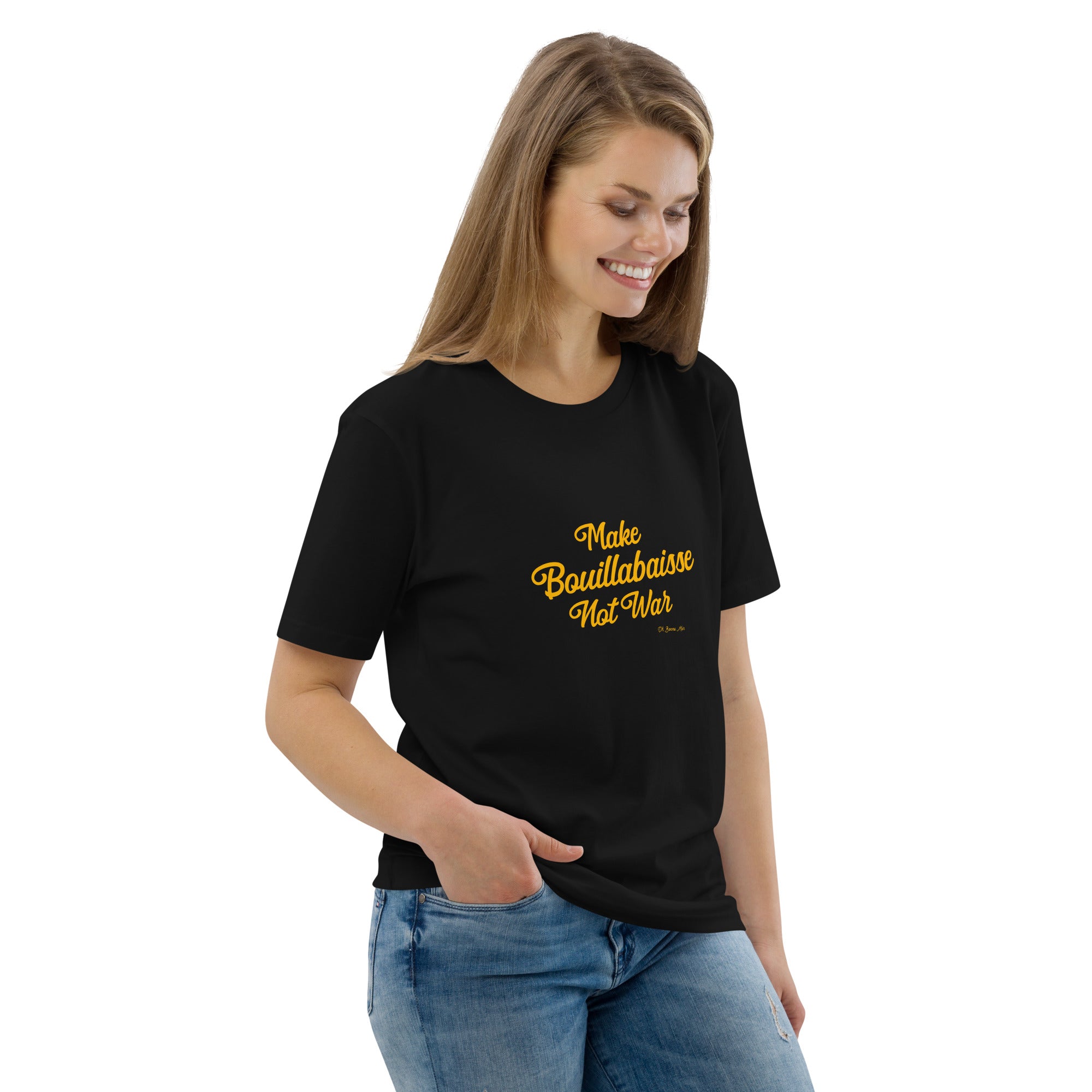 T-shirt unisexe en coton biologique Make Bouillabaisse Not War Gold sur couleurs foncées