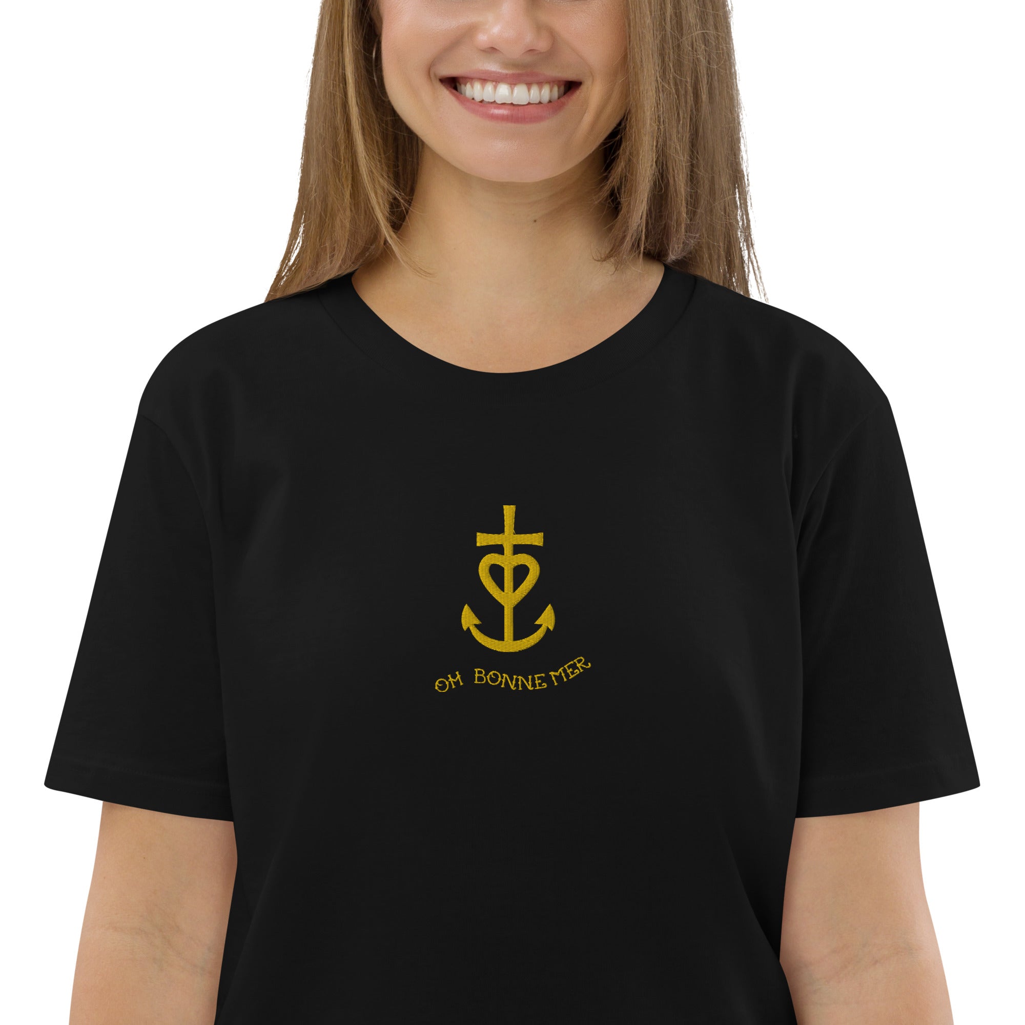 T-shirt unisexe en coton biologique Croix de Camargue dorée Oh Bonne mer brodé sur couleurs foncées