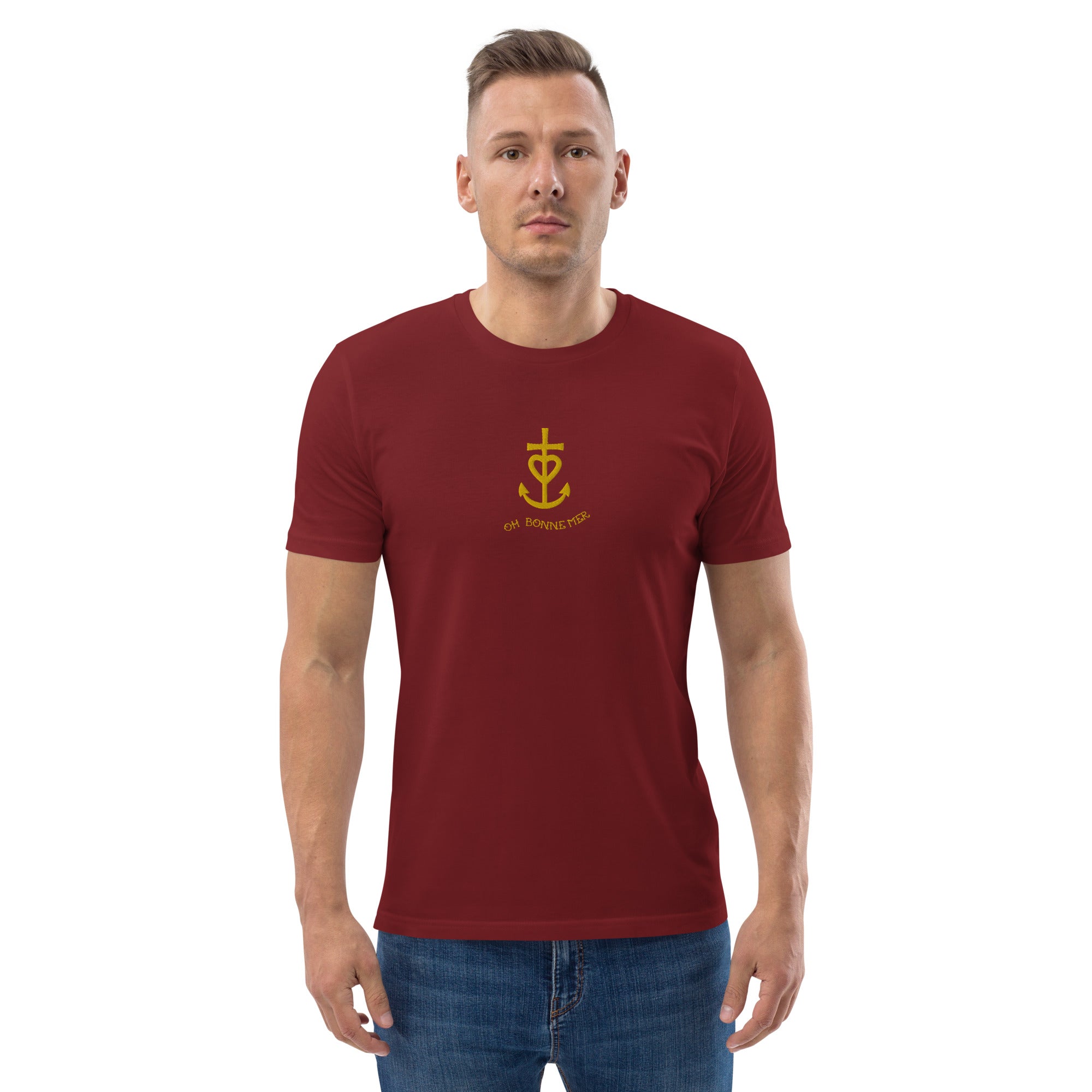 T-shirt unisexe en coton biologique Croix de Camargue dorée Oh Bonne mer brodé sur couleurs foncées