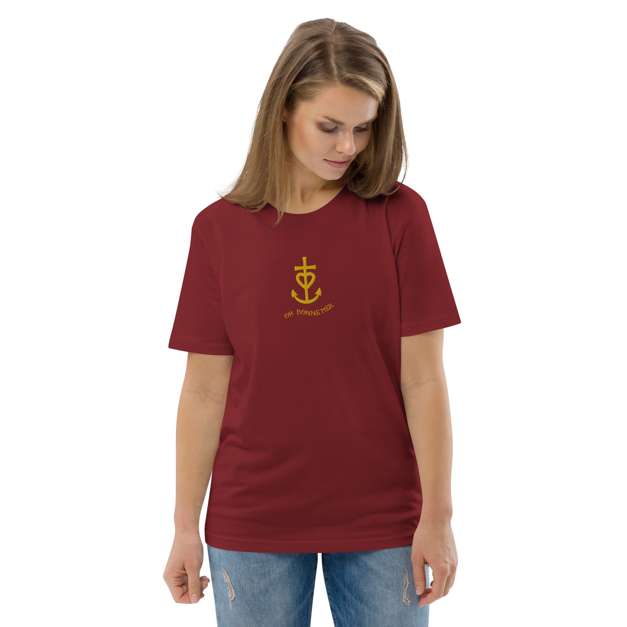 T-shirt unisexe en coton biologique Croix de Camargue dorée Oh Bonne mer brodé sur couleurs foncées