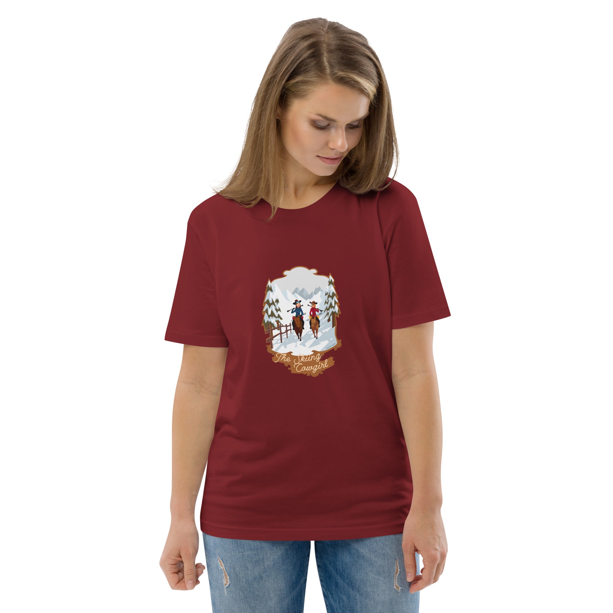 T-shirt unisexe en coton biologique The Skiing Cowgirl sur couleurs foncées