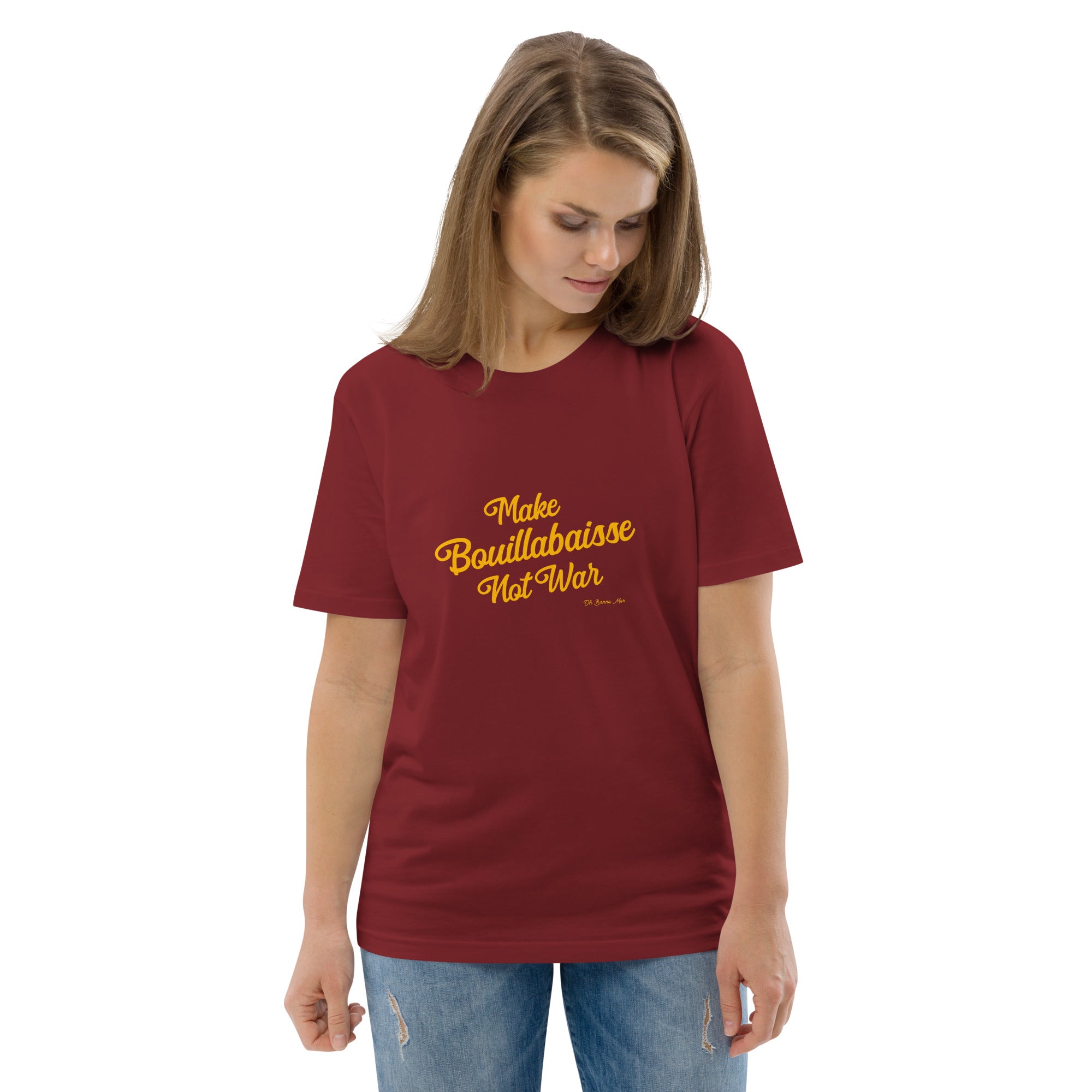 T-shirt unisexe en coton biologique Make Bouillabaisse Not War Gold sur couleurs foncées