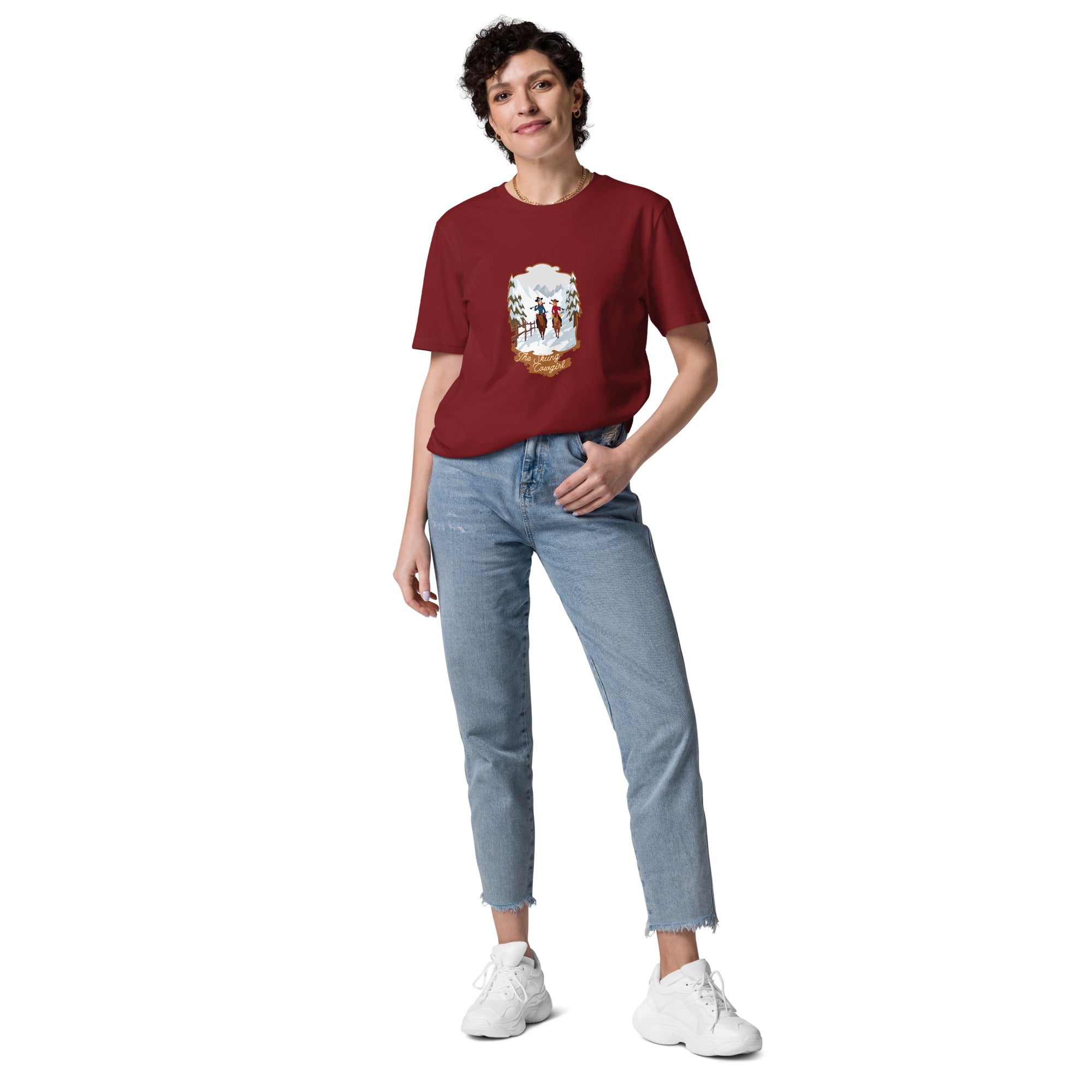 T-shirt unisexe en coton biologique The Skiing Cowgirl sur couleurs foncées