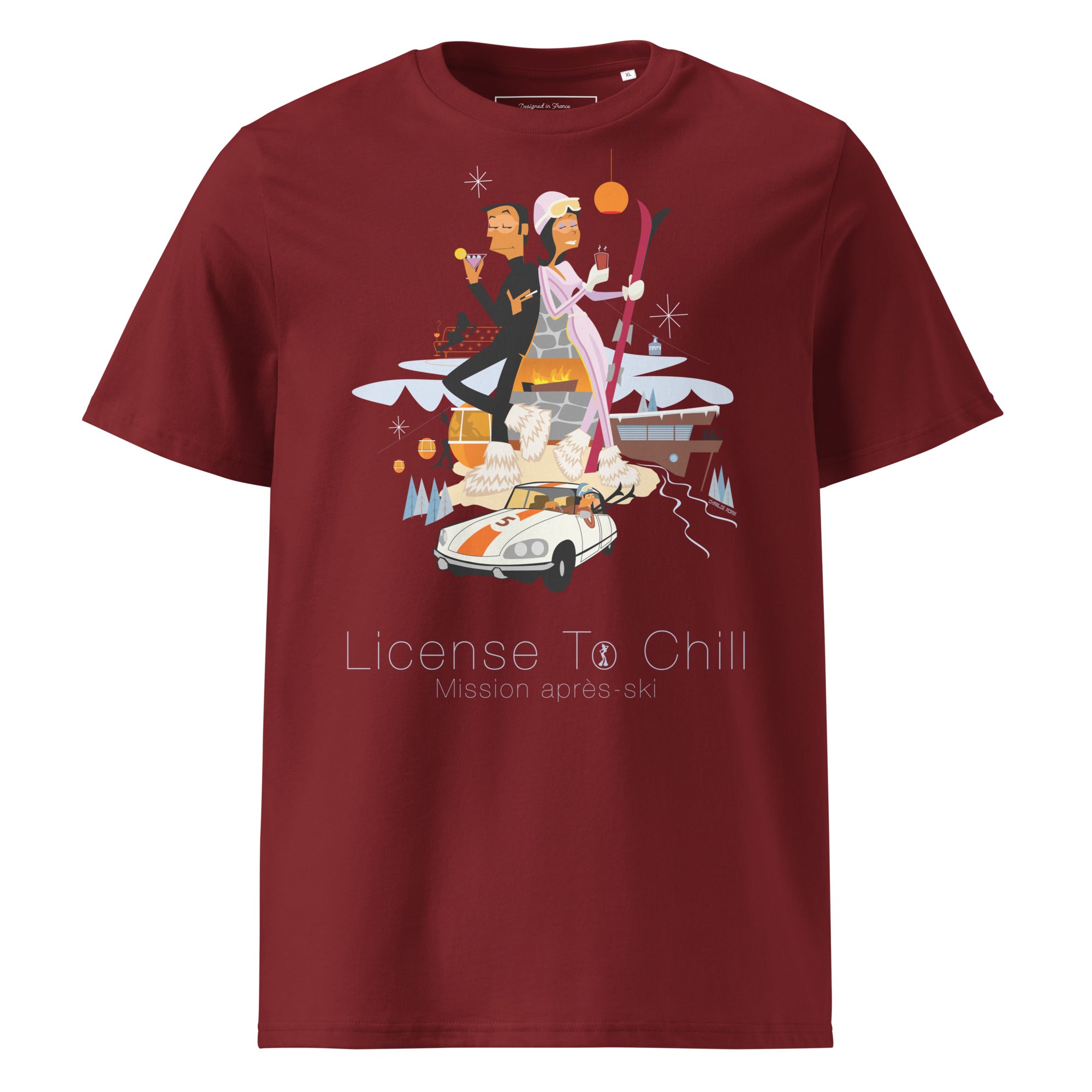 T-shirt unisexe en coton biologique License To Chill Mission Après-Ski sur couleurs foncées