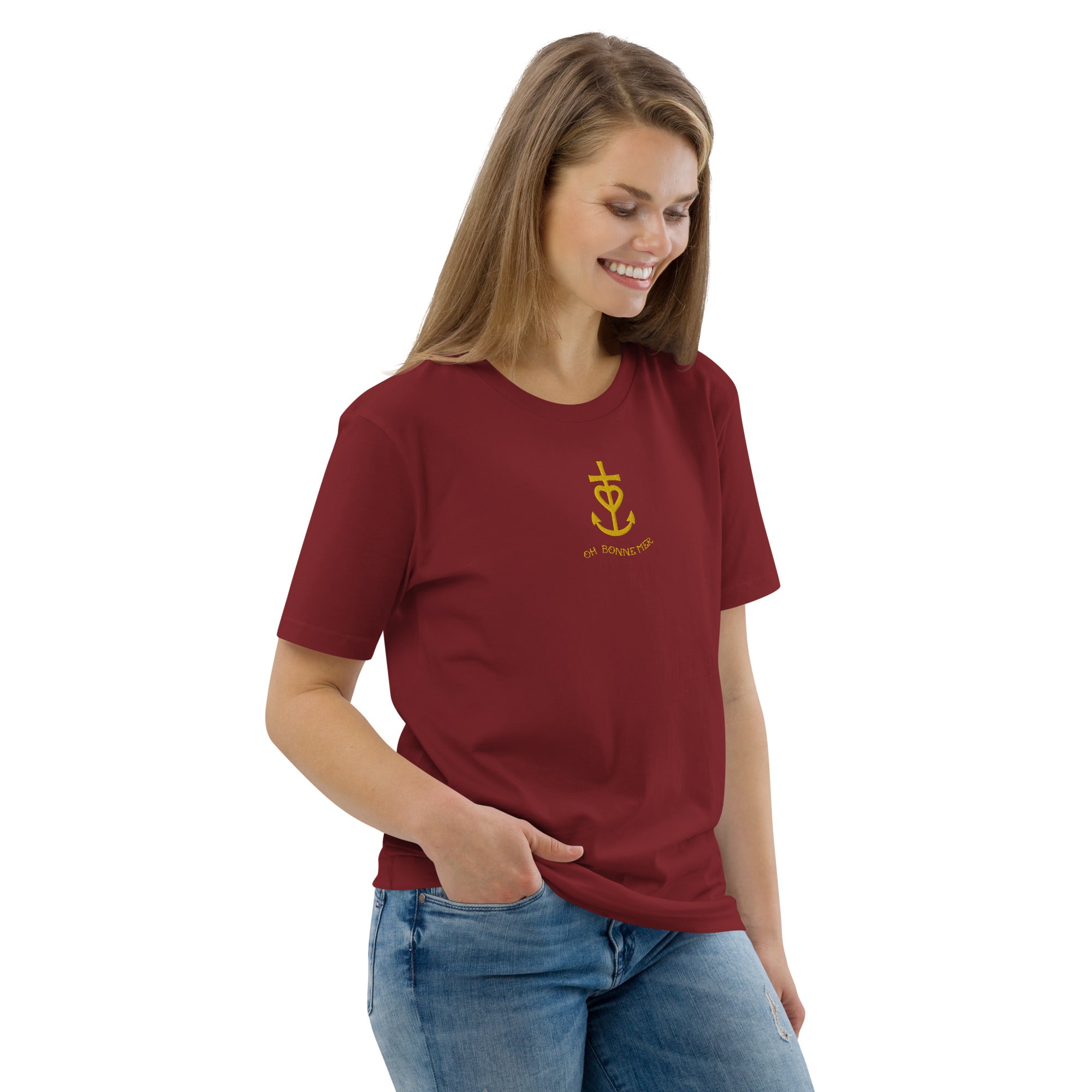 T-shirt unisexe en coton biologique Croix de Camargue dorée Oh Bonne mer brodé sur couleurs foncées