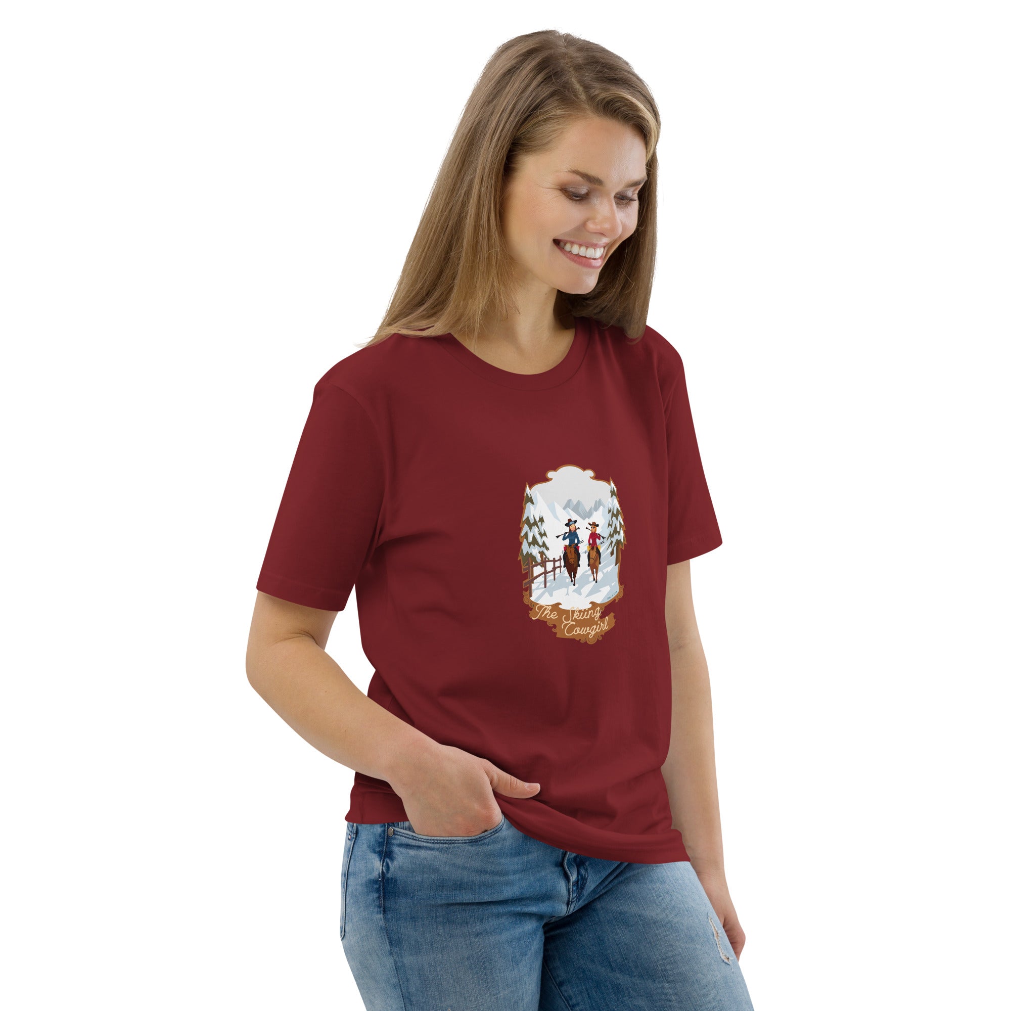 Unisex organic cotton t-shirt The Skiing Cowgirl on dark colors