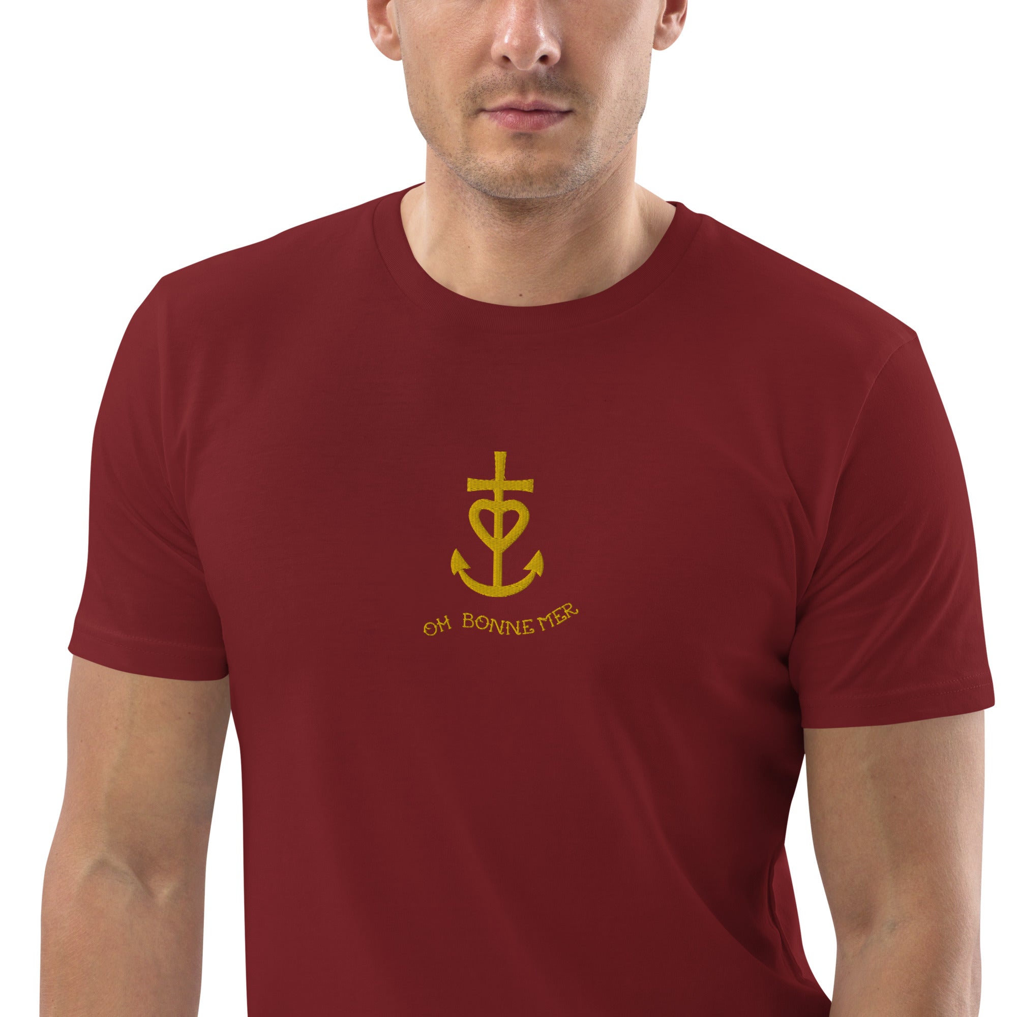 Unisex organic cotton t-shirt Croix de Camargue Gold embroidered pattern on dark colors